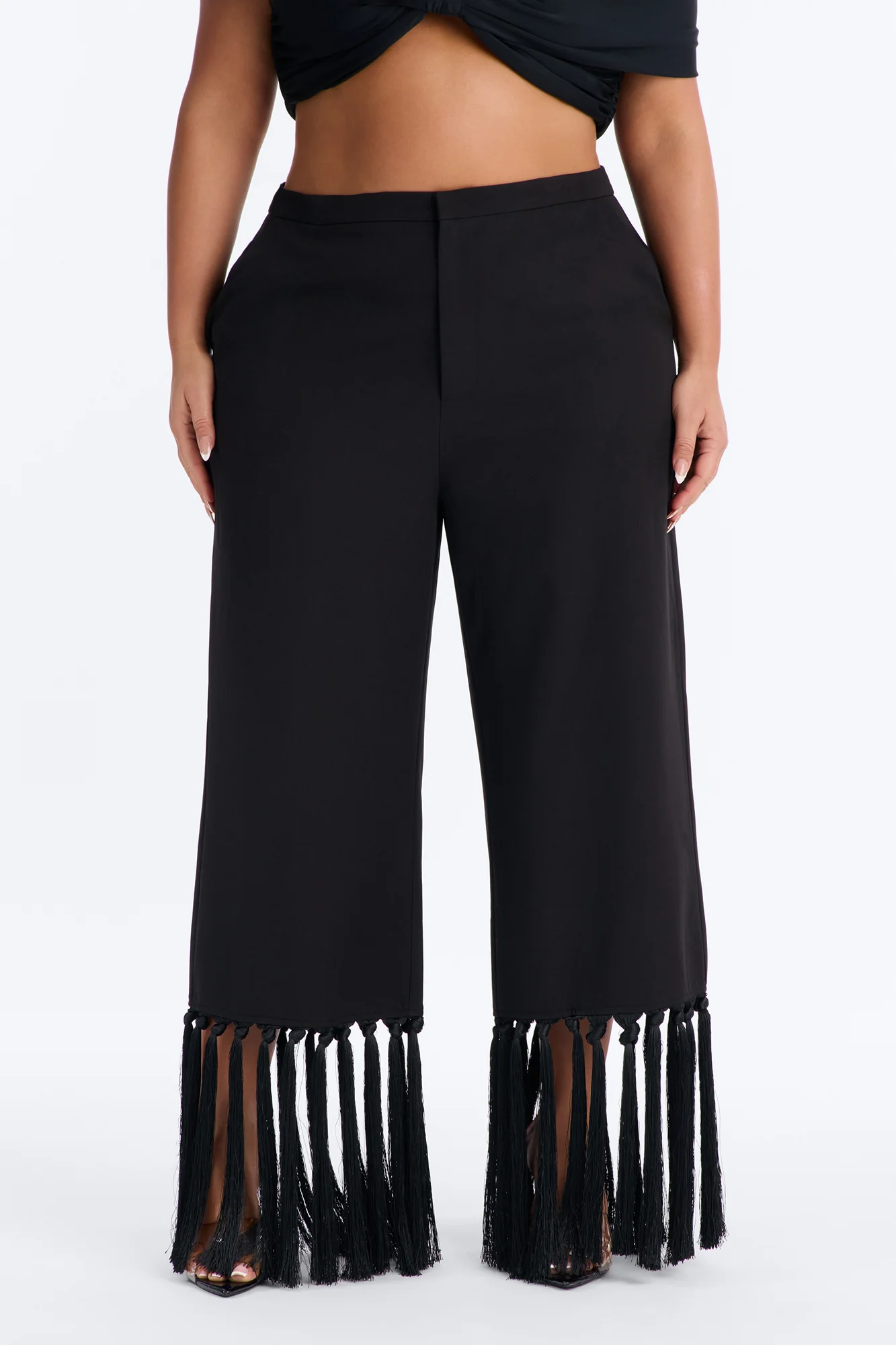 Samantha High Rise Wide Leg Tassel Fringe Trouser - Black - Image 6