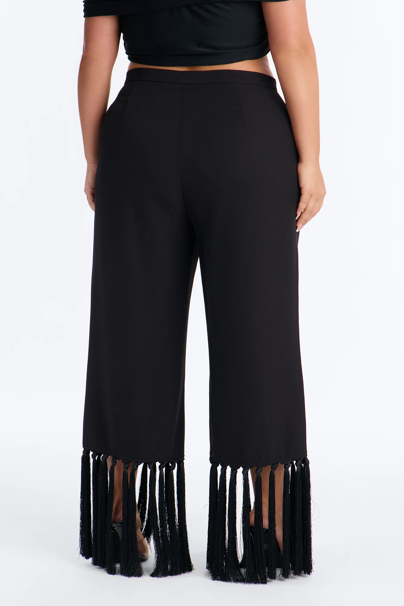 Samantha High Rise Wide Leg Tassel Fringe Trouser - Black - Image 7