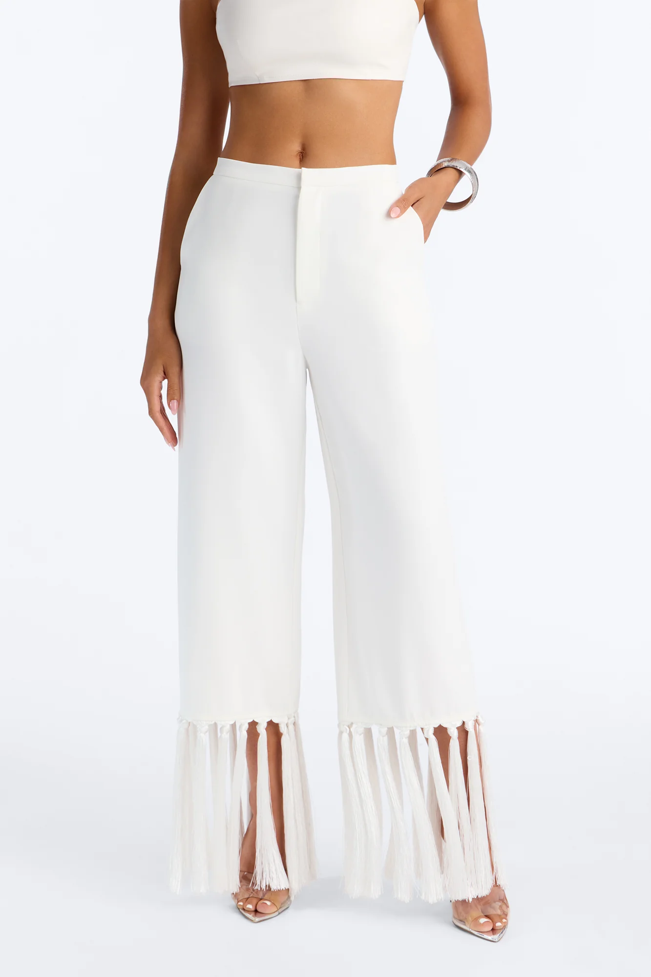 Samantha High Rise Wide Leg Tassel Fringe Trouser - Ivory - Image 2