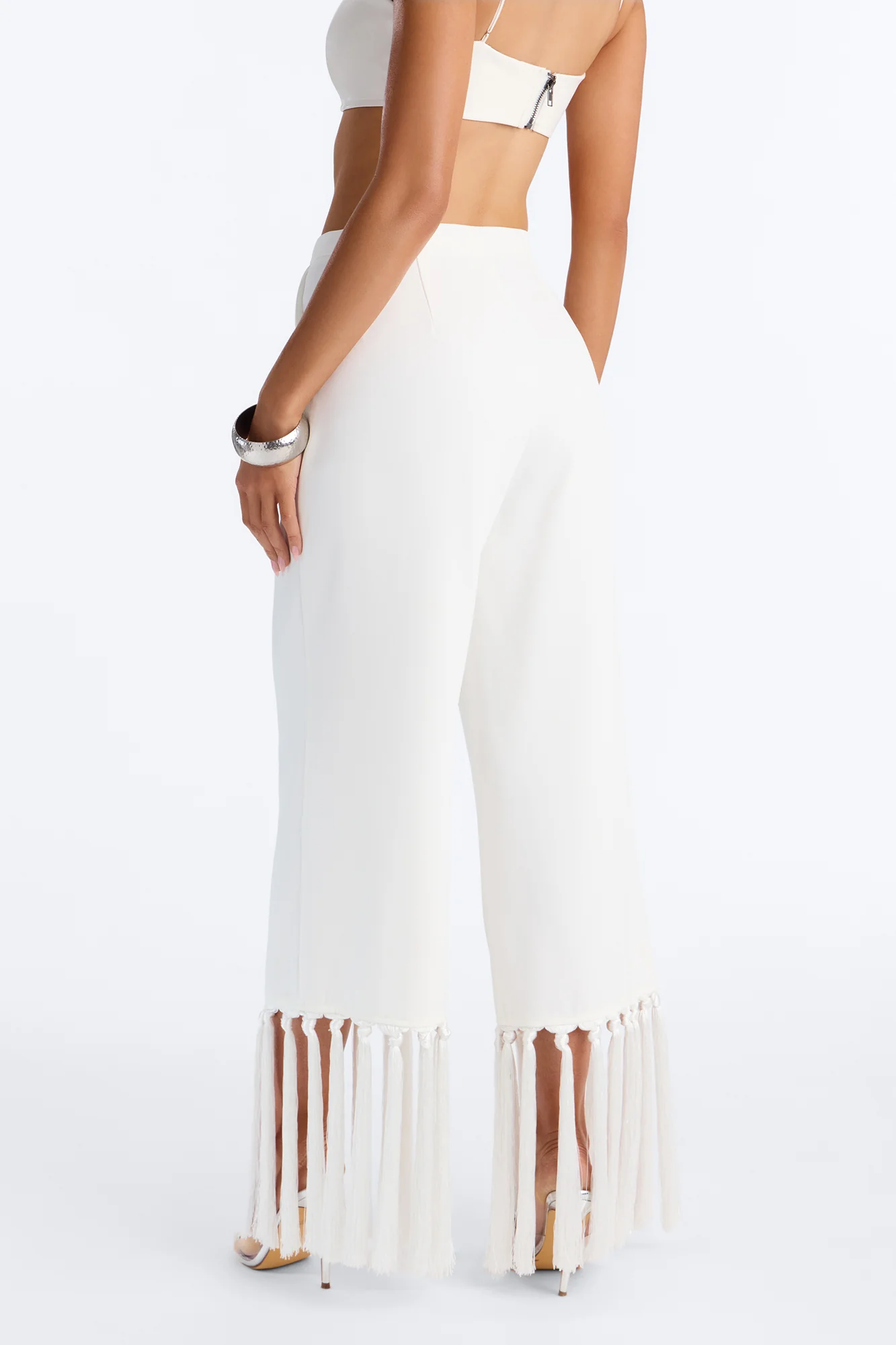 Samantha High Rise Wide Leg Tassel Fringe Trouser - Ivory - Image 4
