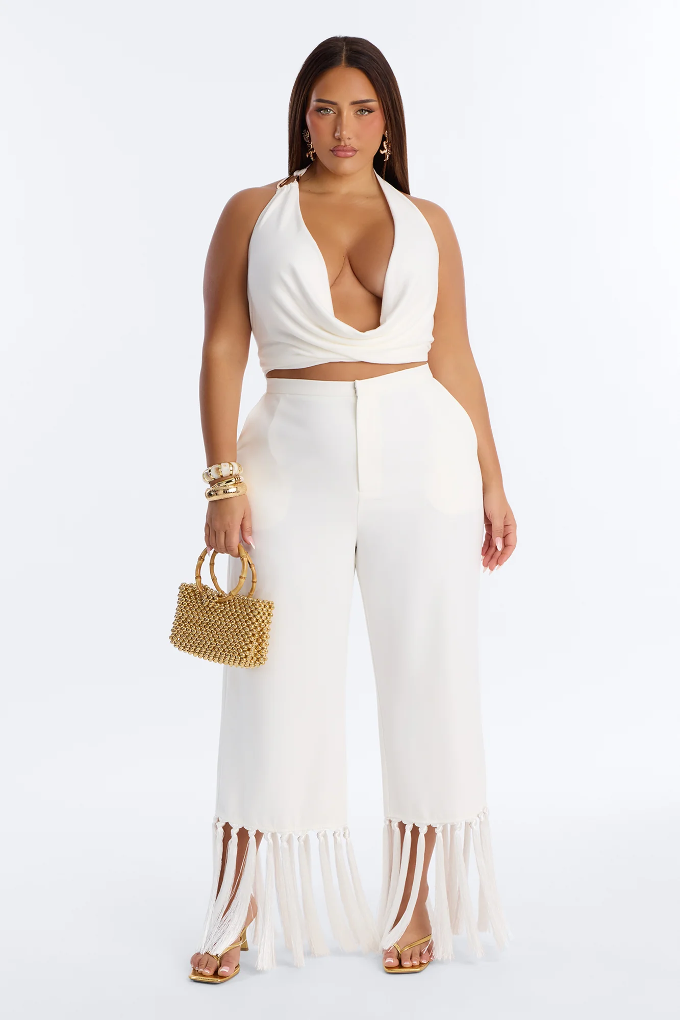 Samantha High Rise Wide Leg Tassel Fringe Trouser - Ivory - Image 5