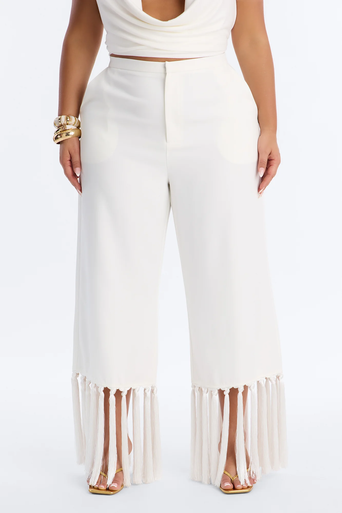 Samantha High Rise Wide Leg Tassel Fringe Trouser - Ivory - Image 6