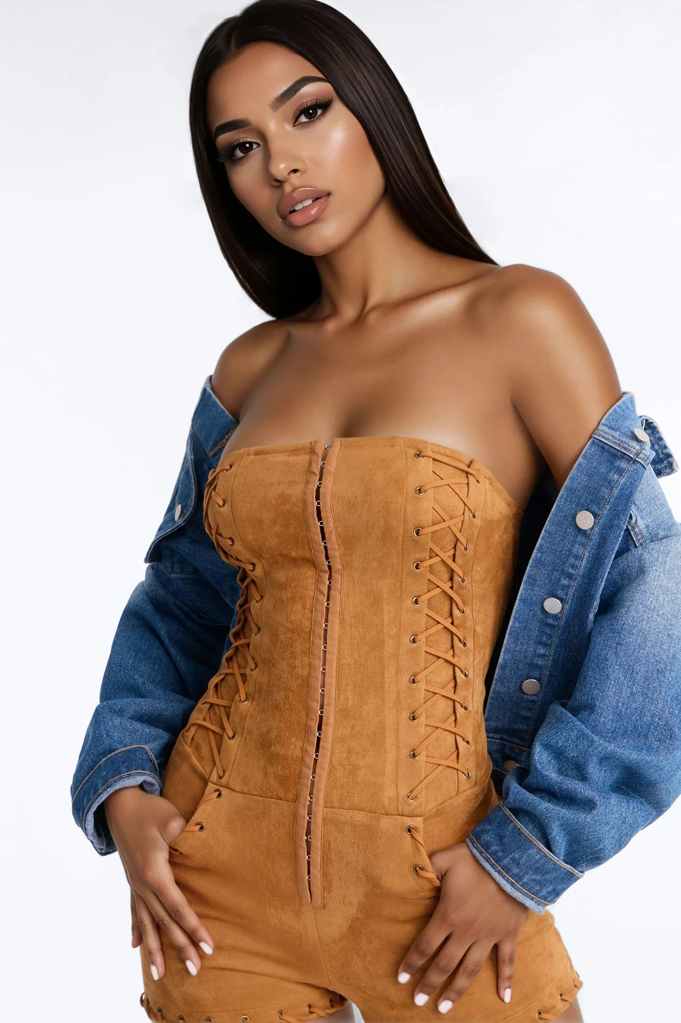 Sammi Faux Suede Lace Up Romper - Camel - Image 3
