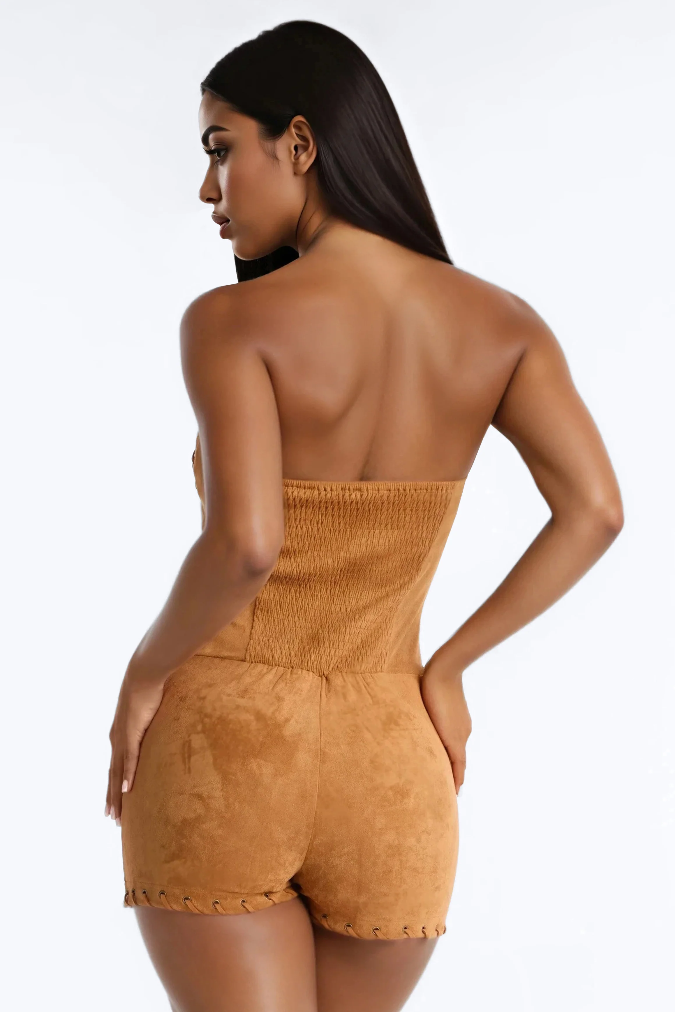 Sammi Faux Suede Lace Up Romper - Camel - Image 4