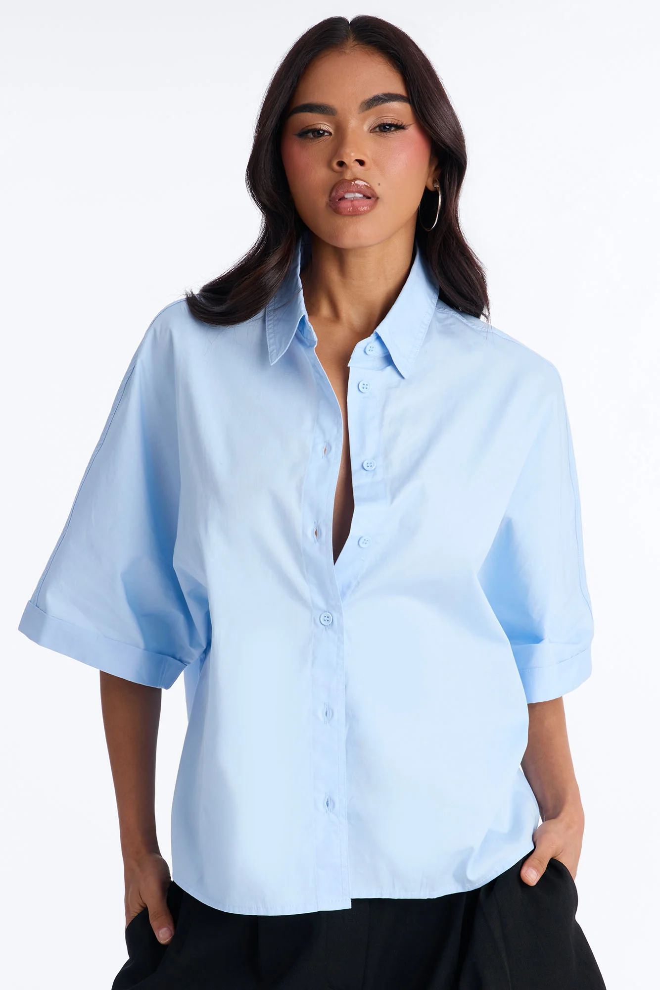 Sancie Oversized Poplin Button Up Shirt - Blue