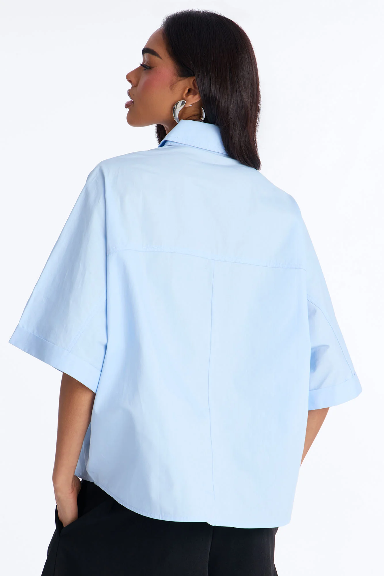 Sancie Oversized Poplin Button Up Shirt - Blue - Image 3