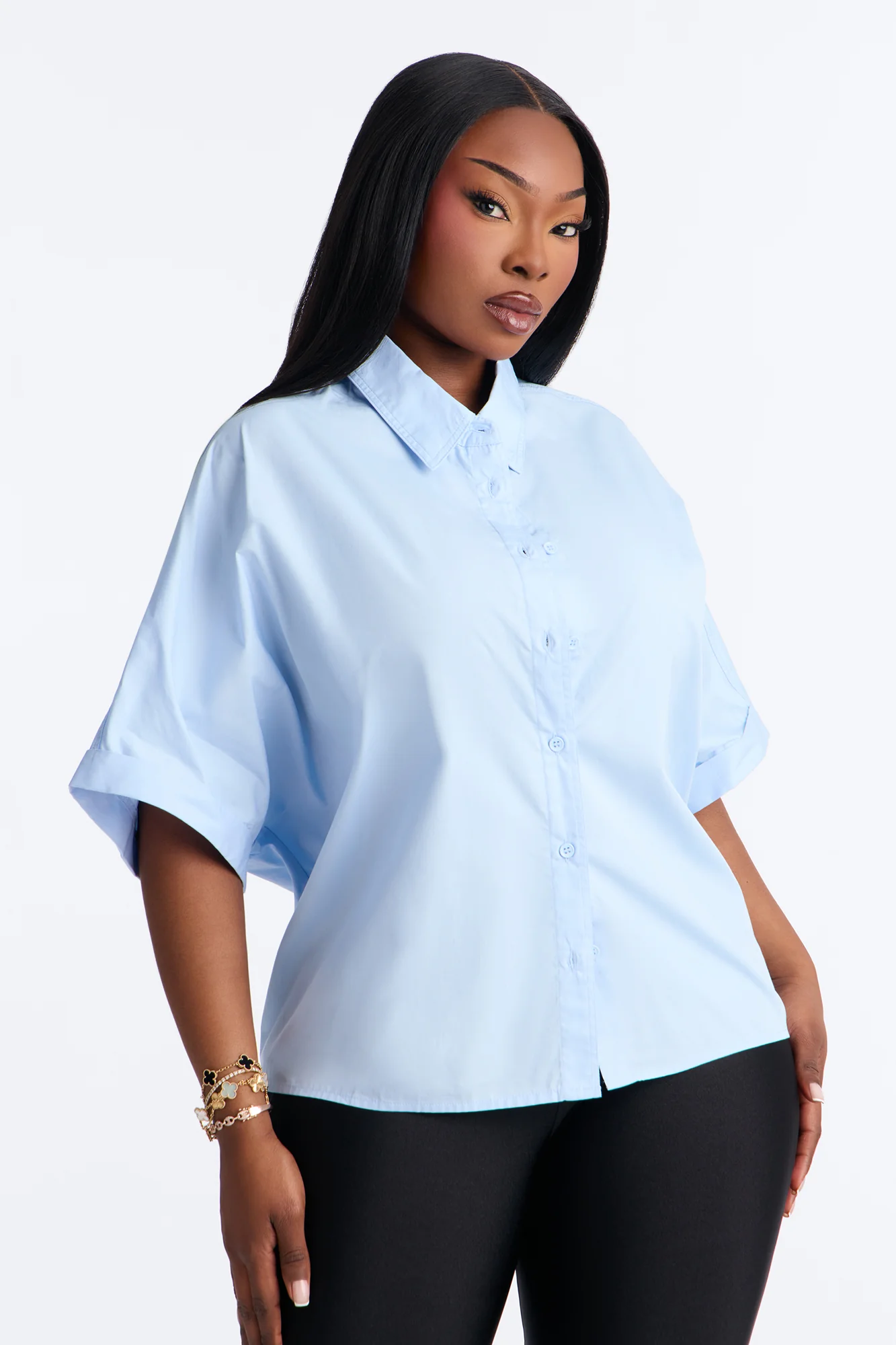 Sancie Oversized Poplin Button Up Shirt - Blue - Image 5