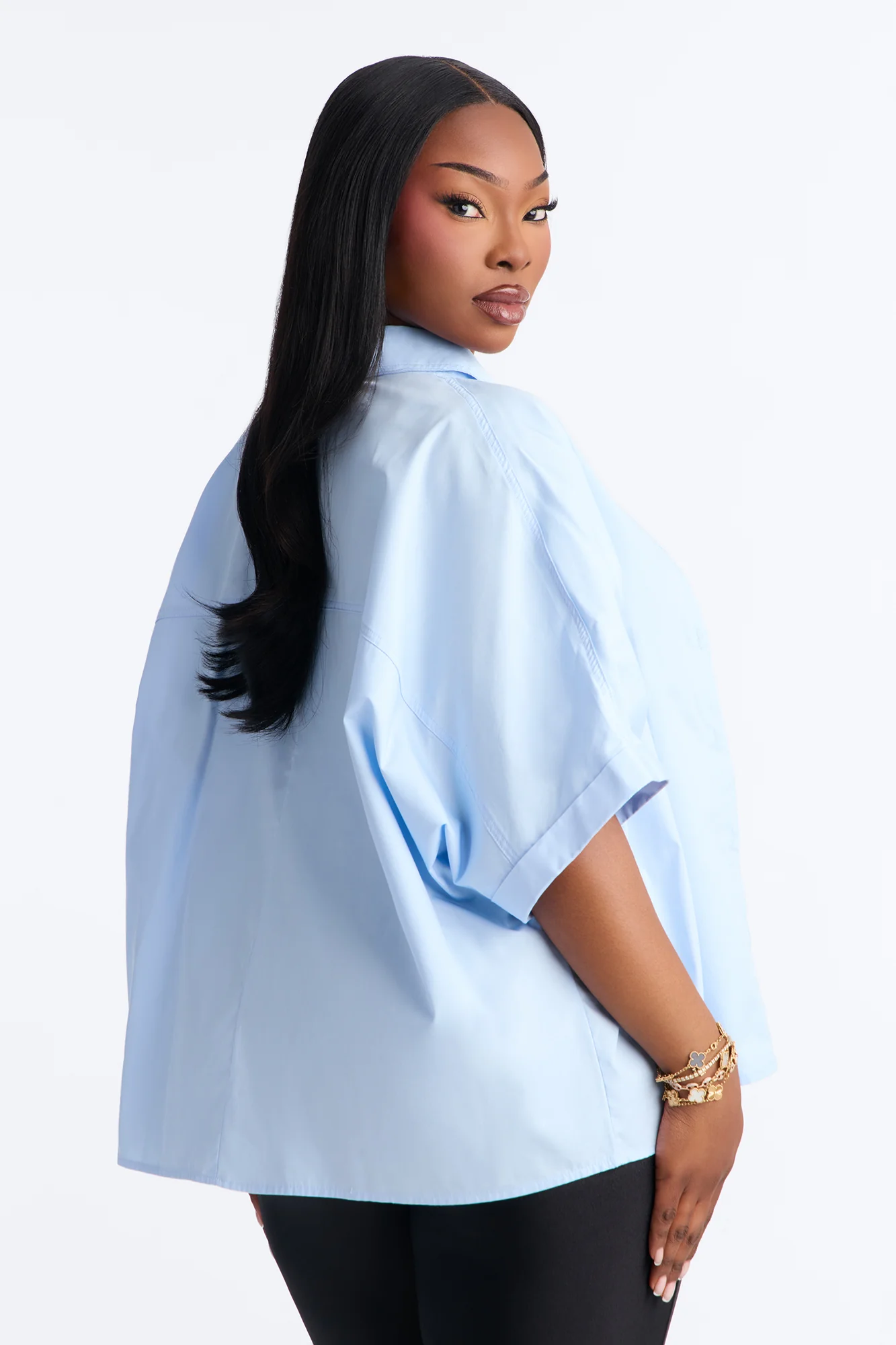Sancie Oversized Poplin Button Up Shirt - Blue - Image 6