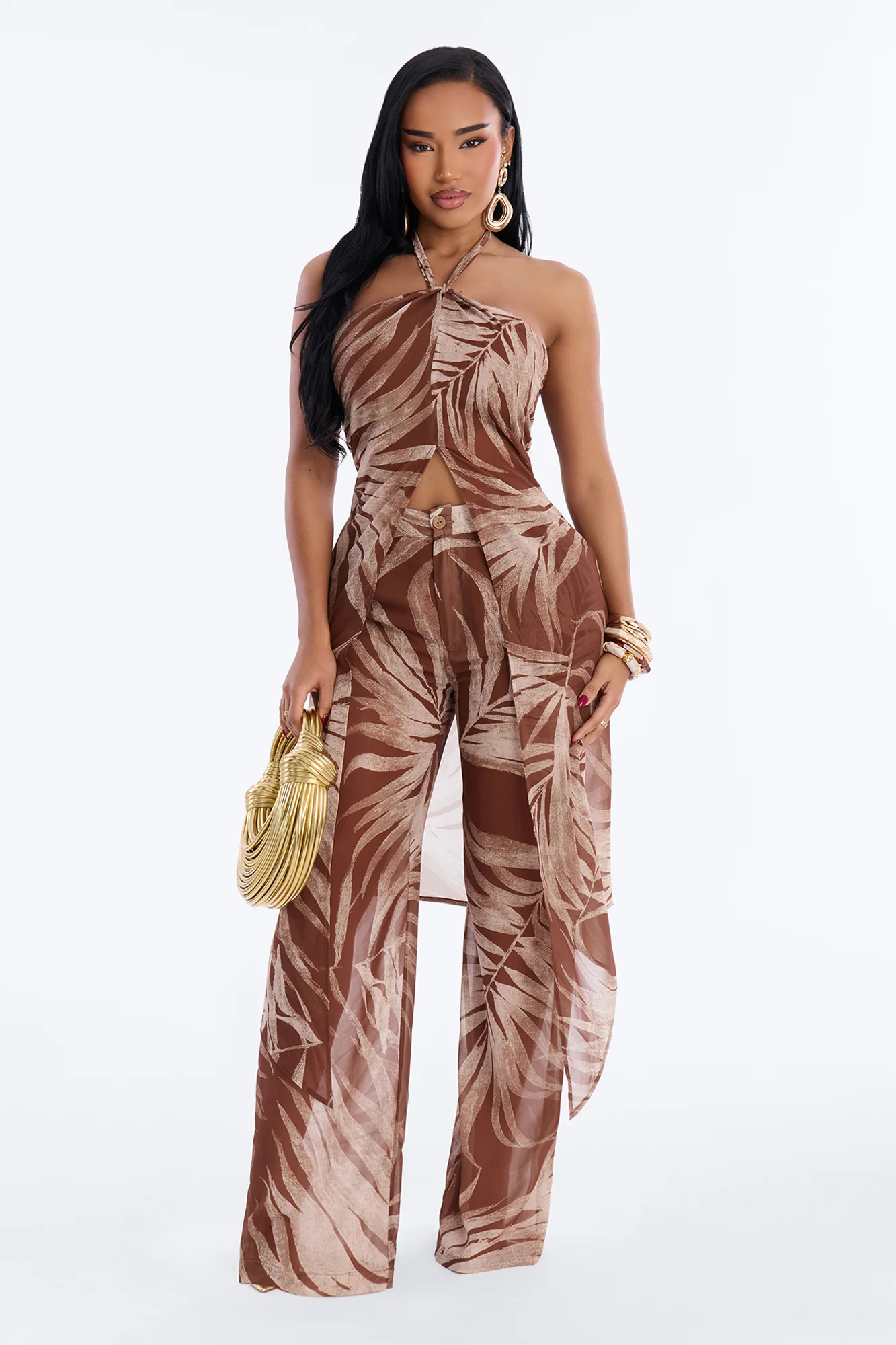 Sandra Tropical Halter Pant Set - Brown Combo