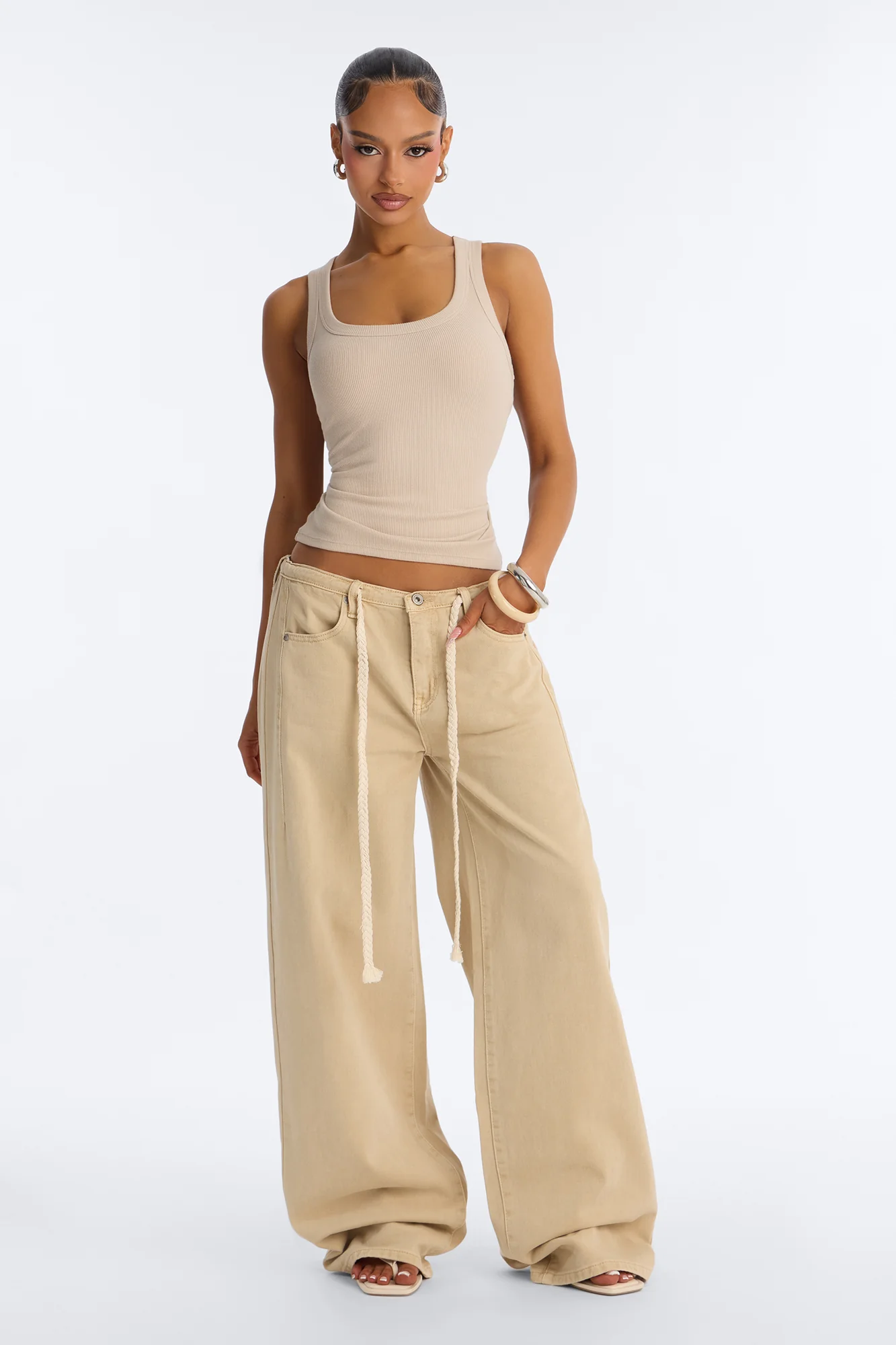 Sandstone Tie Waist Wide Leg Jeans - Khaki - Image 2