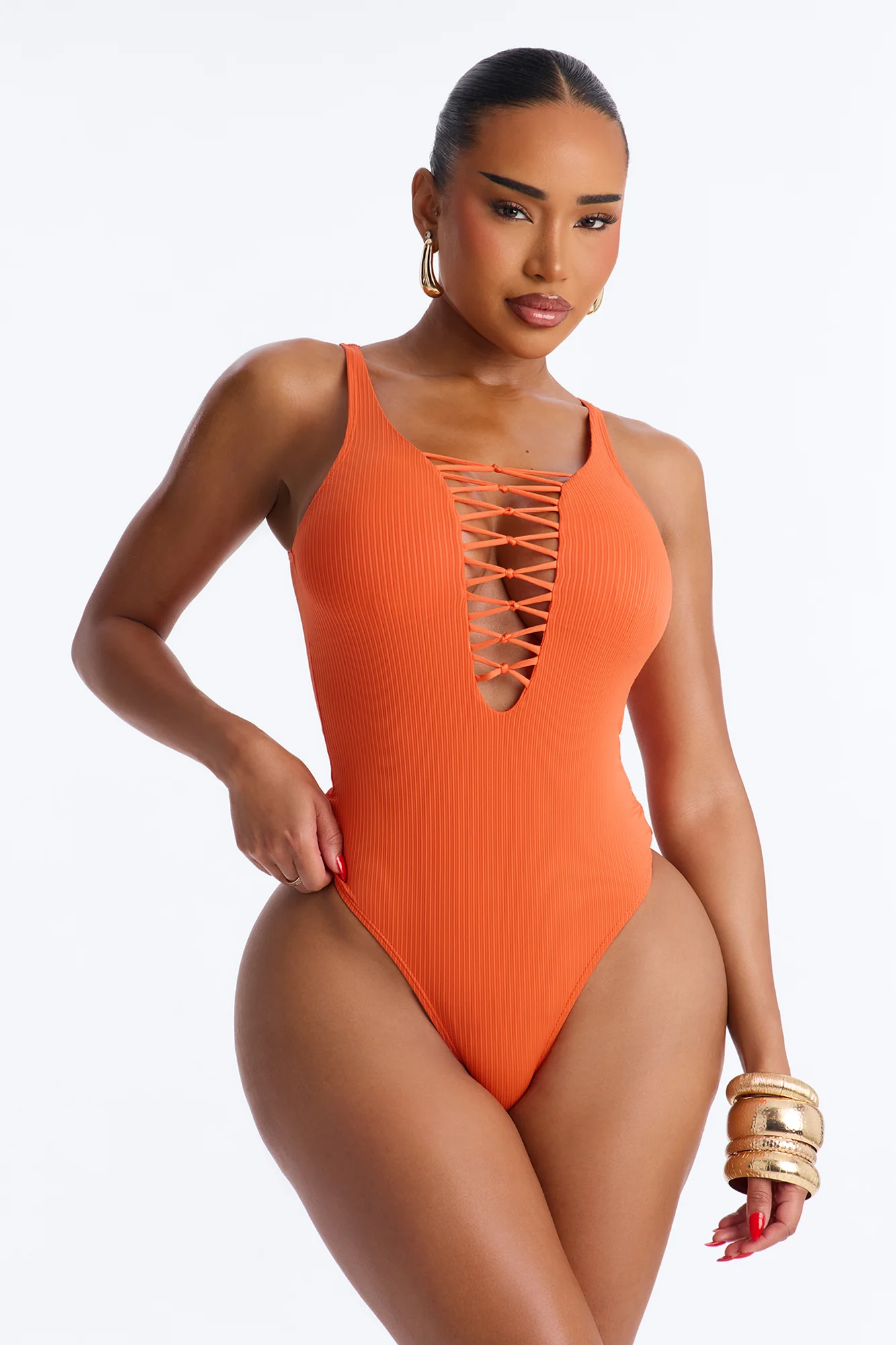 Sandy Hair Ribbed 1 Piece Swimsuit - Rust