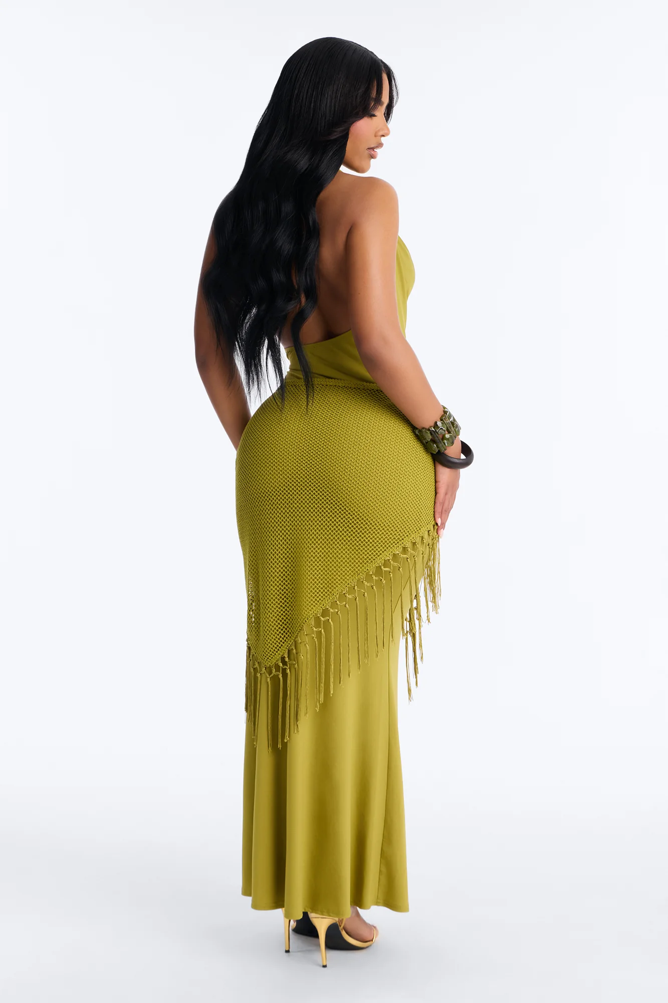 Santorini 2 Piece Fringe Scarf Maxi Dress - Chartreuse - Image 4