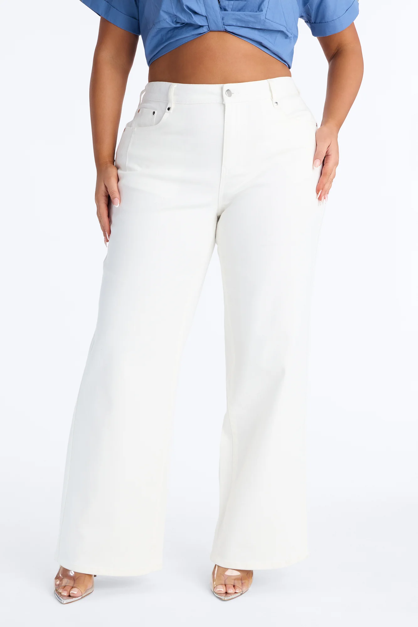Santorini Studded Stretch Wide Leg Jeans - White - Image 6