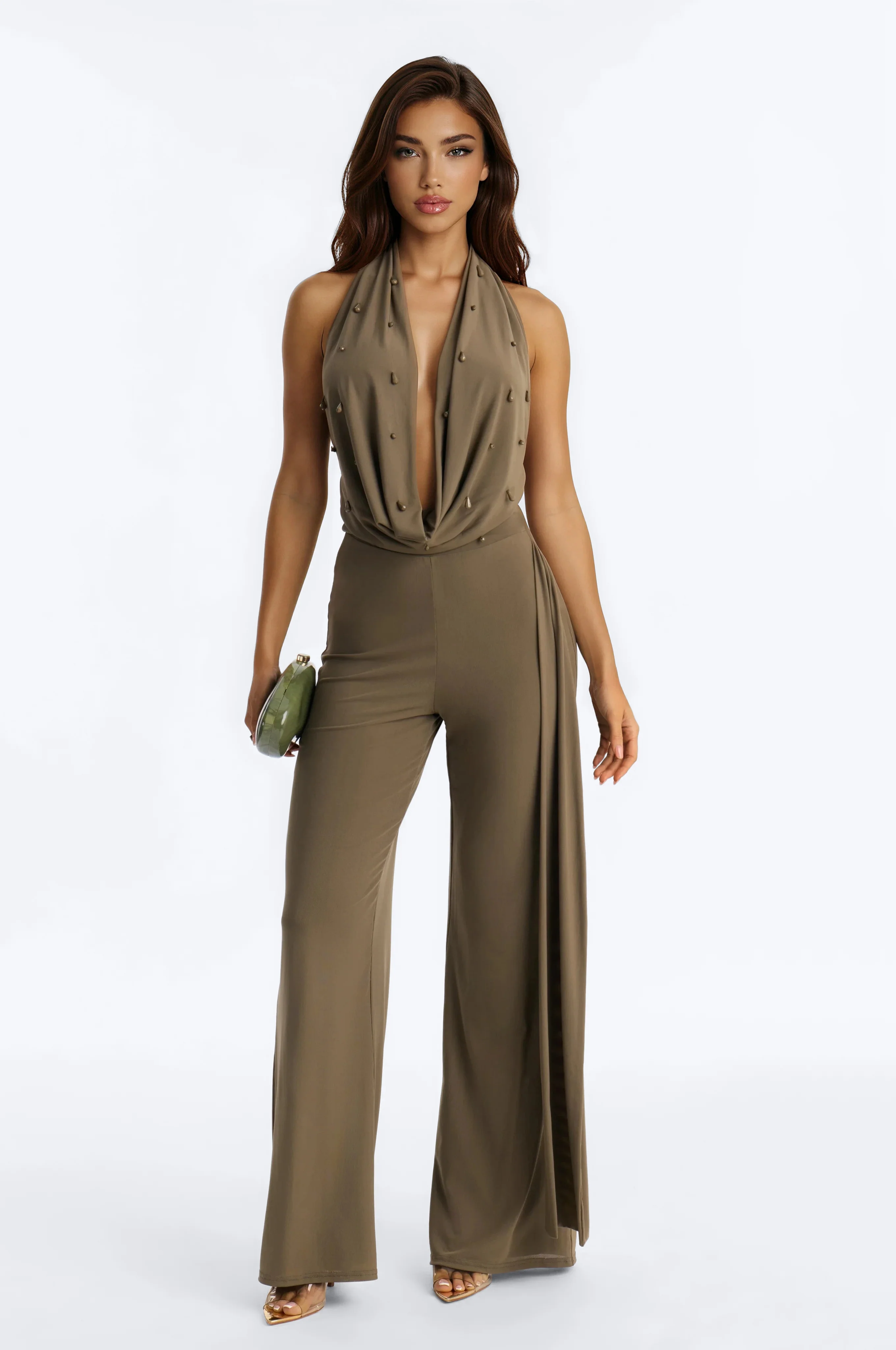 Sara Mesh Beaded Jumpsuit - Olive