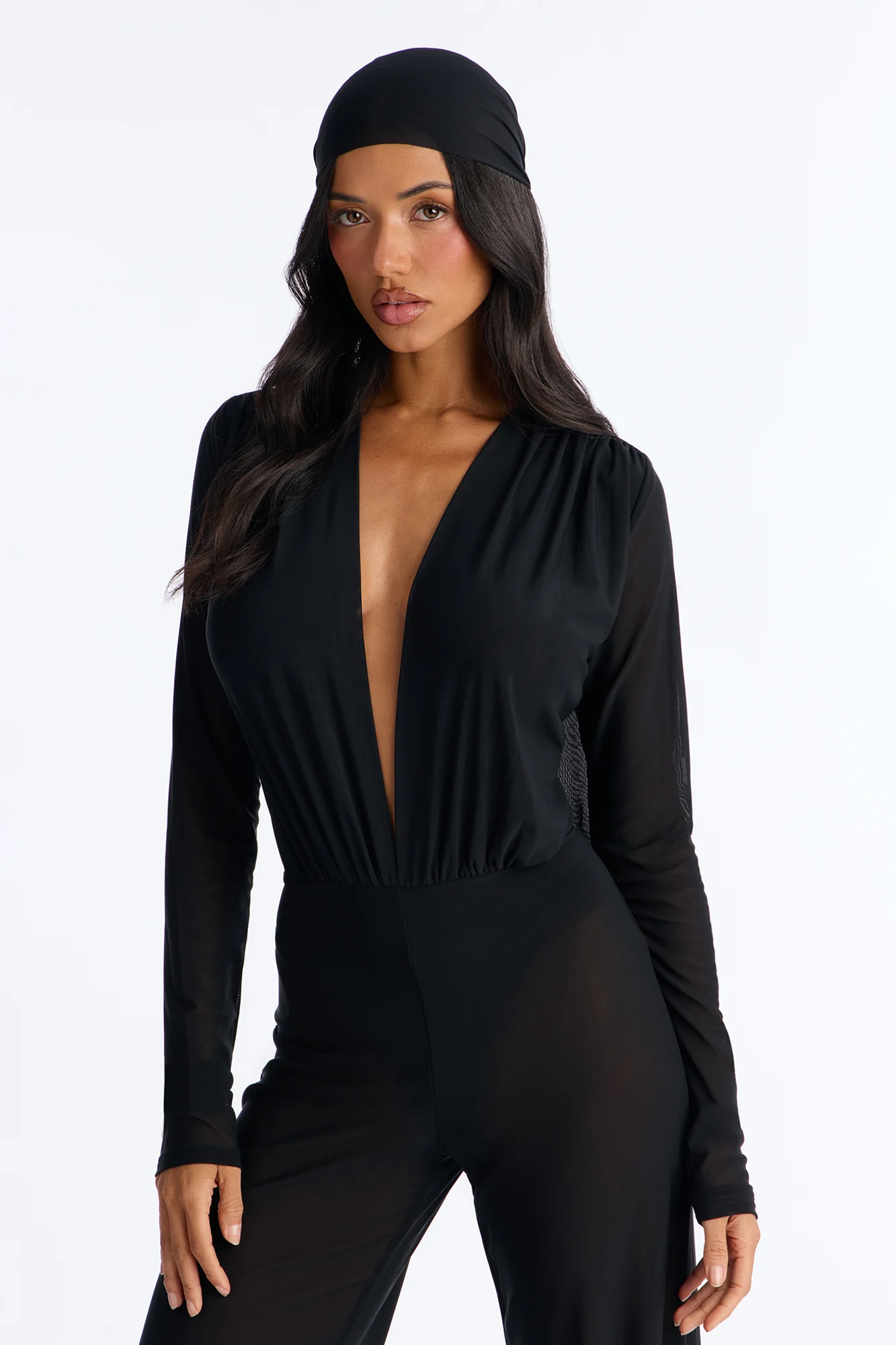 Sara Plunge Neck Jumpsuit And Headscarf 2 Piece Set - Black - Image 2