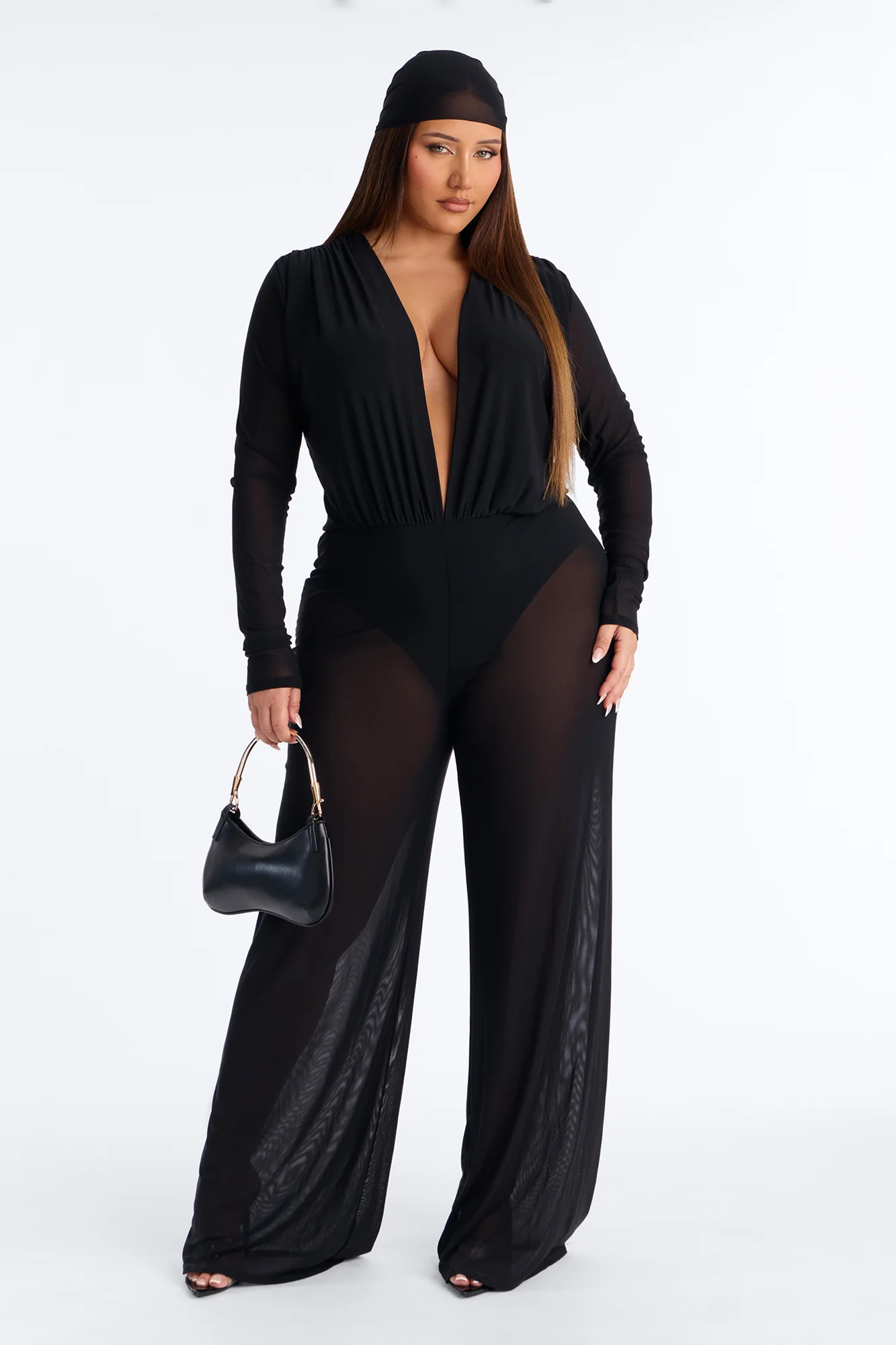 Sara Plunge Neck Jumpsuit And Headscarf 2 Piece Set - Black - Image 5