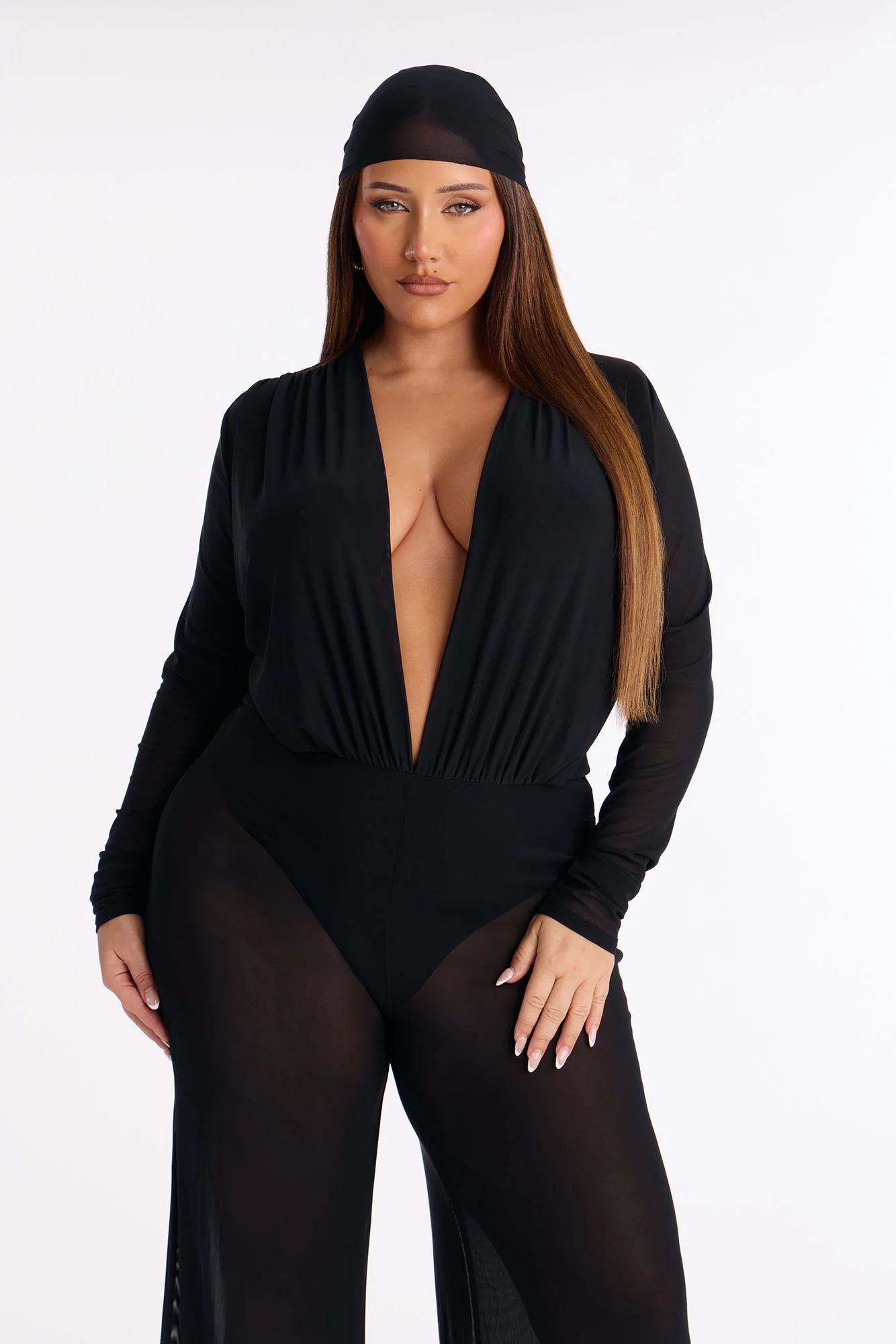 Sara Plunge Neck Jumpsuit And Headscarf 2 Piece Set - Black - Image 6