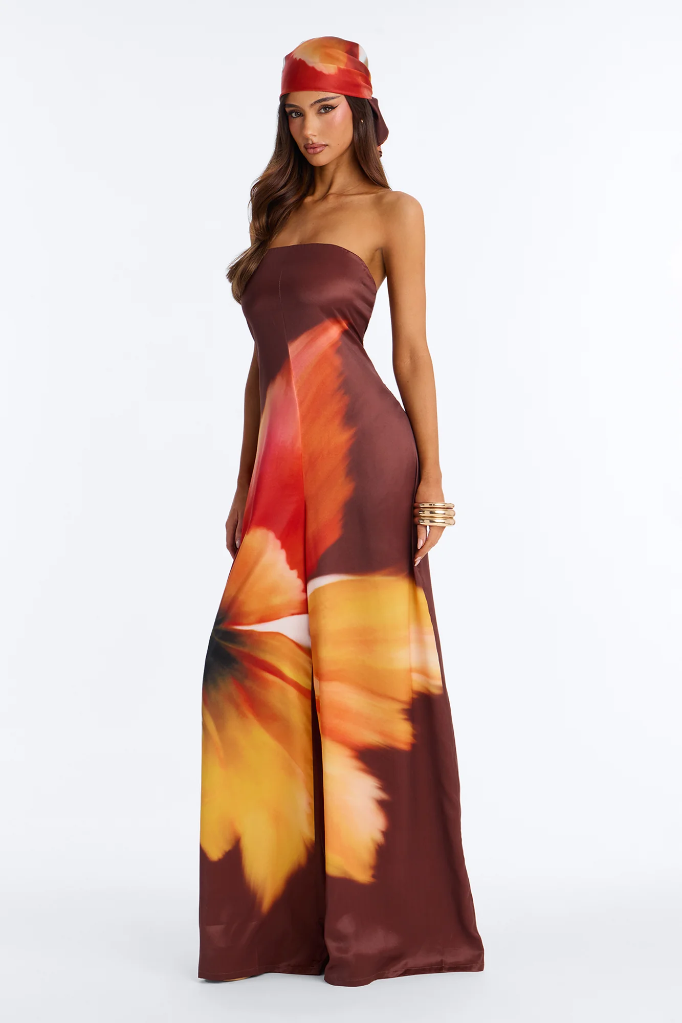 Sara Satin Head Scarf And Jumpsuit - Chocolate