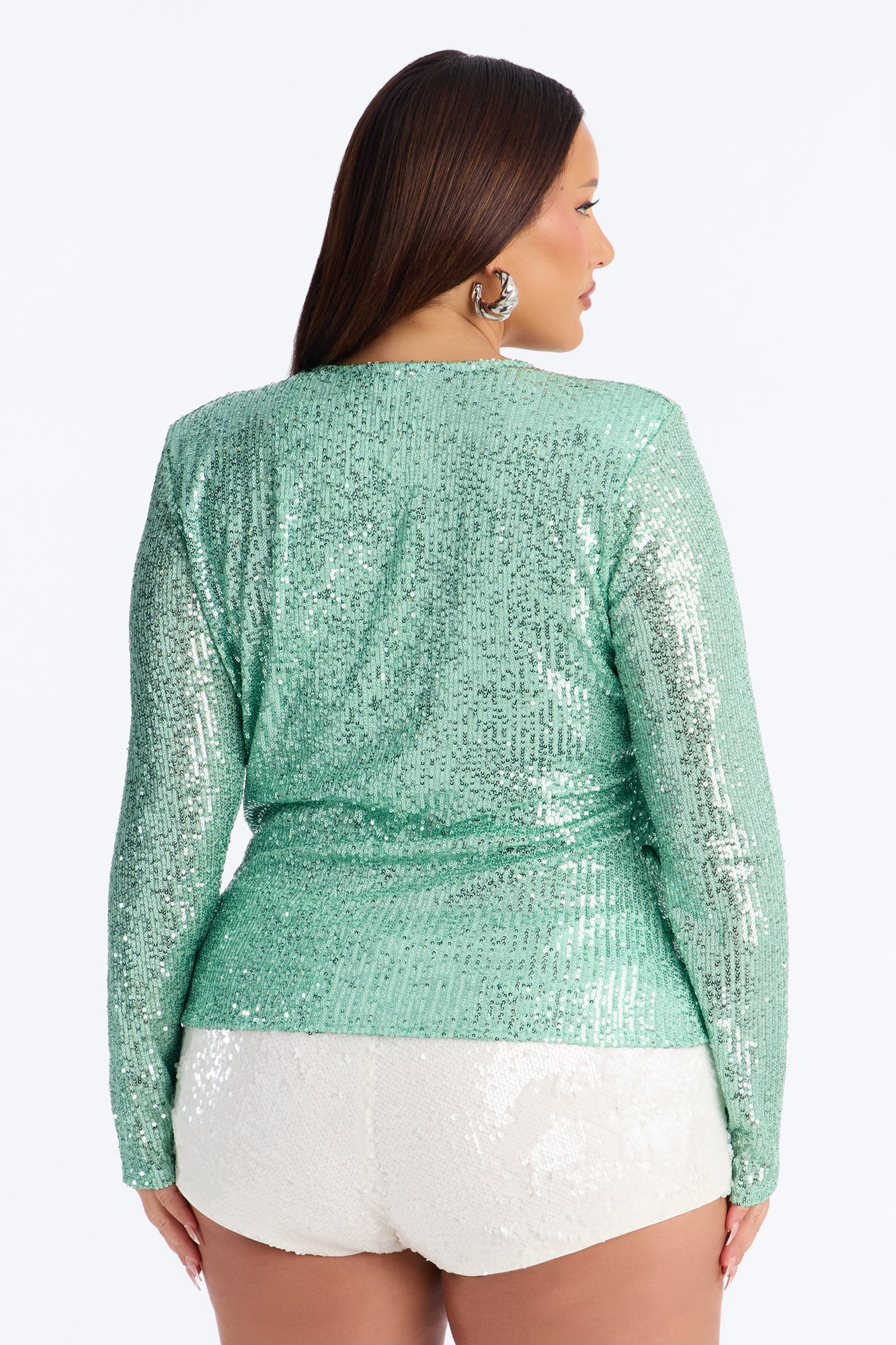Sara Sequin Cowl Neck Shoulder Pad Long Sleeve Top - Sage - Image 8