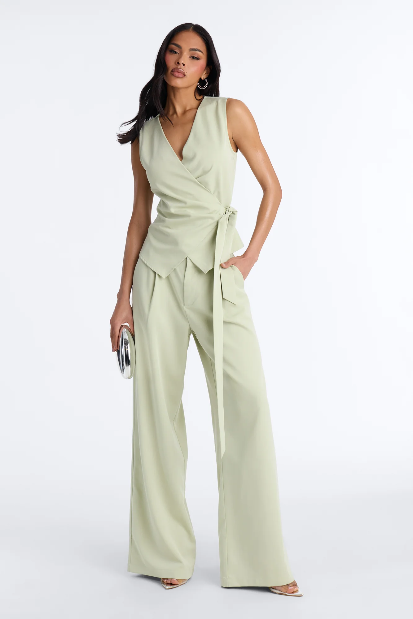 Sarah Fitted Vest Pant Set - Sage