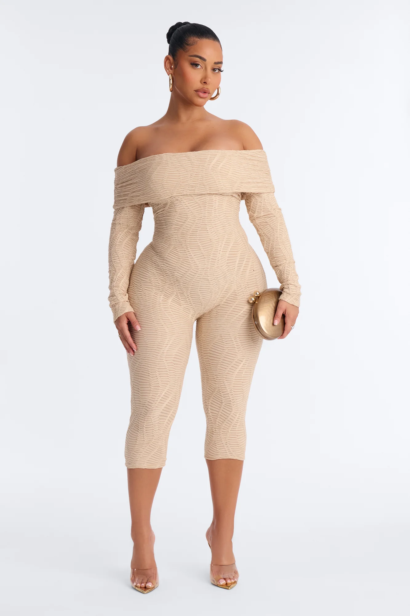 Sarah Textured Off Shoulder Capri Catsuit - Taupe