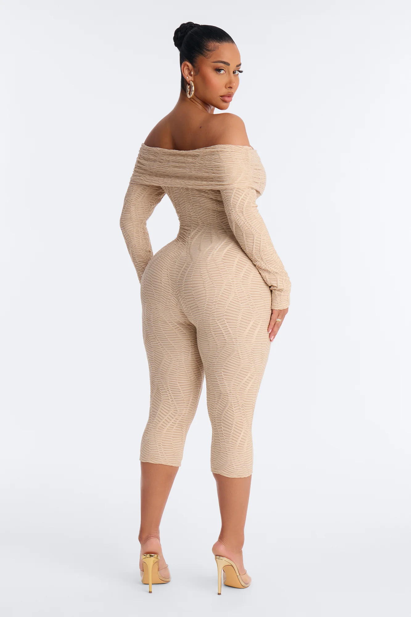 Sarah Textured Off Shoulder Capri Catsuit - Taupe - Image 4