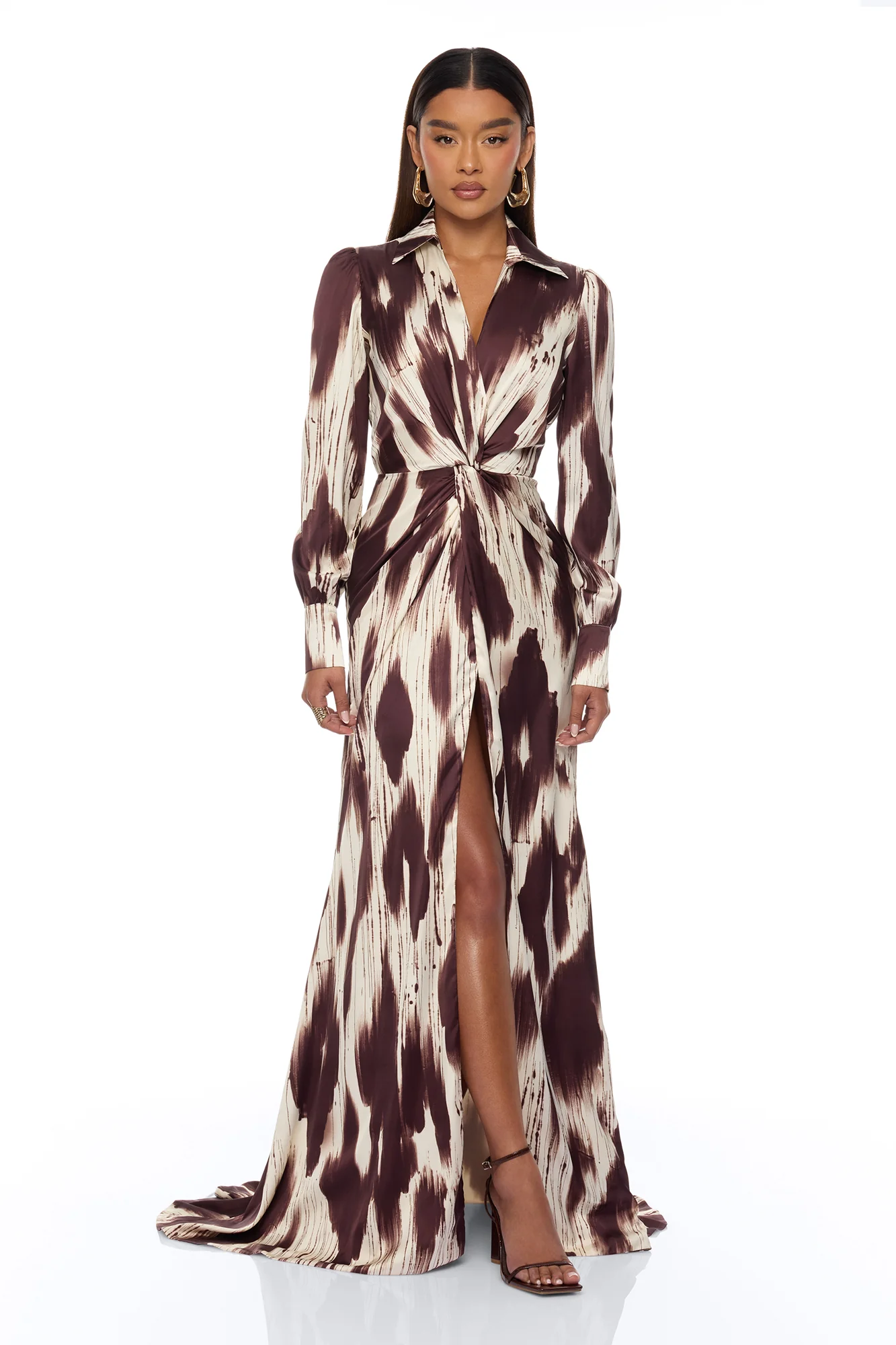 Sashira Collared Satin Maxi Dress - Brown/combo