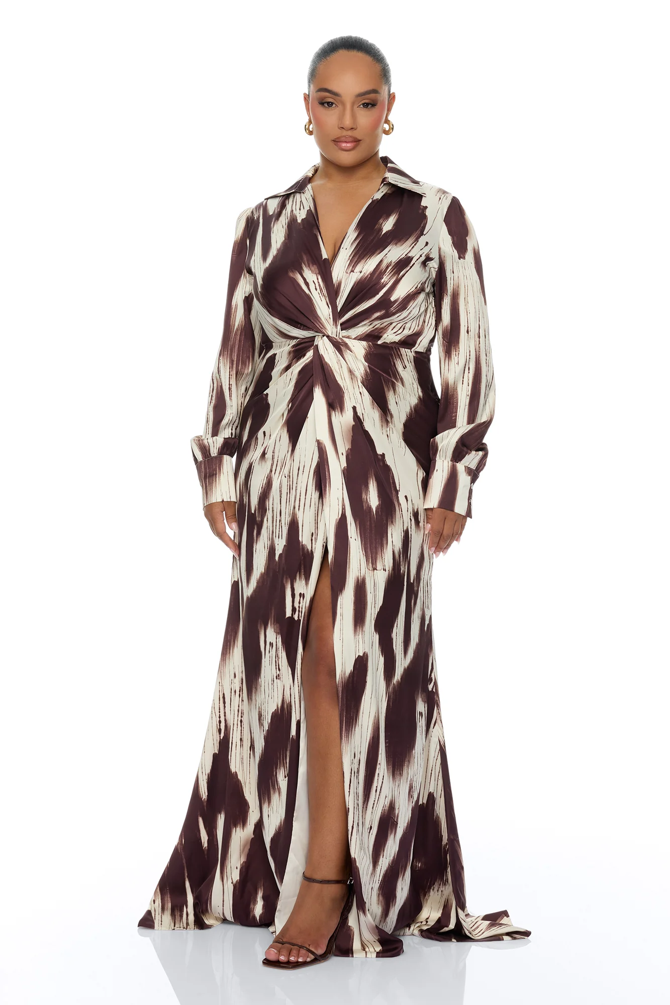 Sashira Collared Satin Maxi Dress - Brown/combo - Image 5