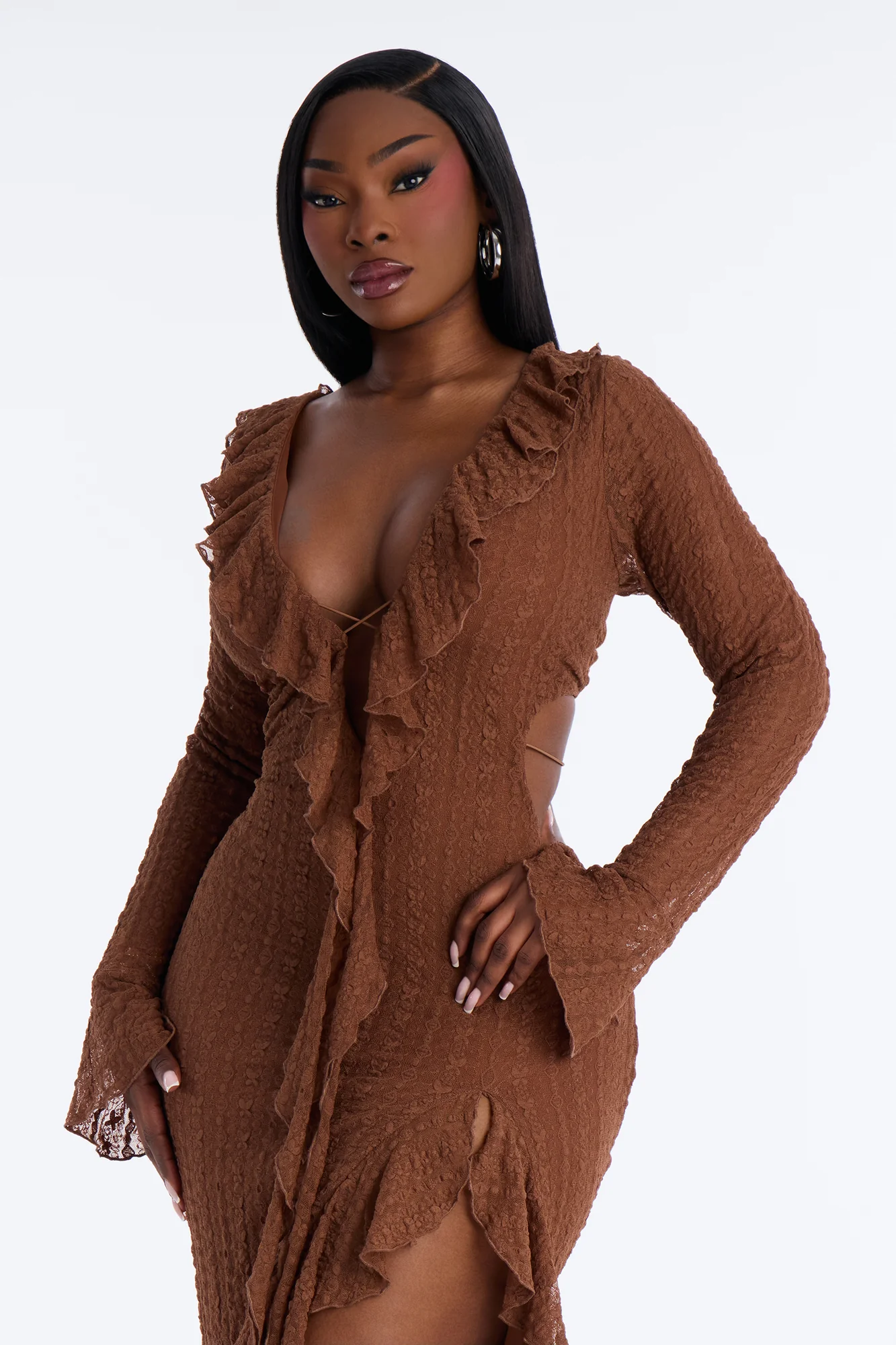 Sashira Ruffle Lace Maxi Dress - Chocolate - Image 6