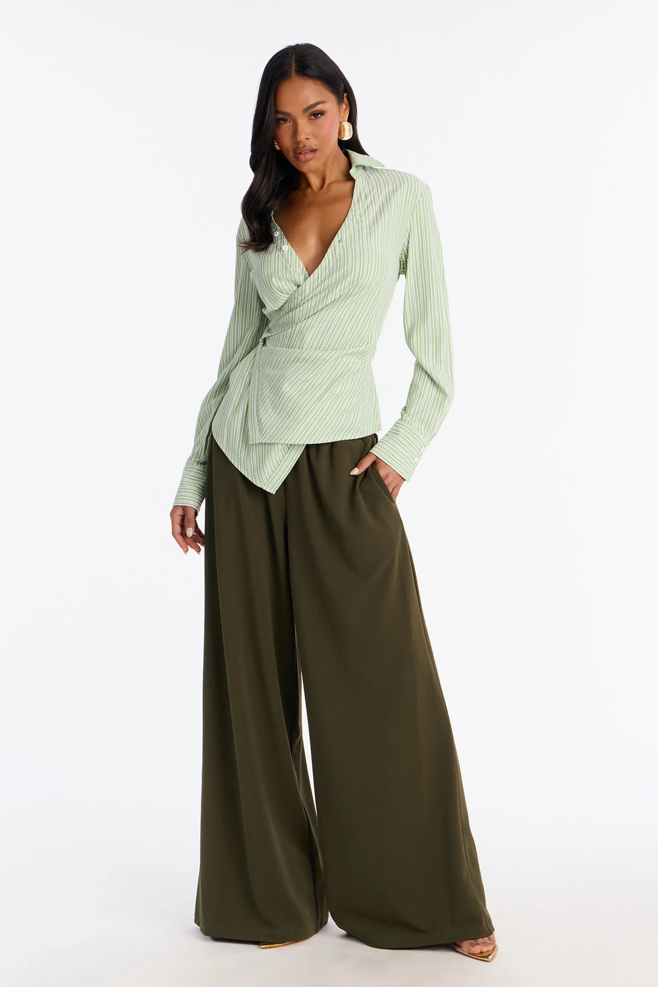 Savanna Wrap Over Striped Poplin Shirt - Green/combo - Image 2
