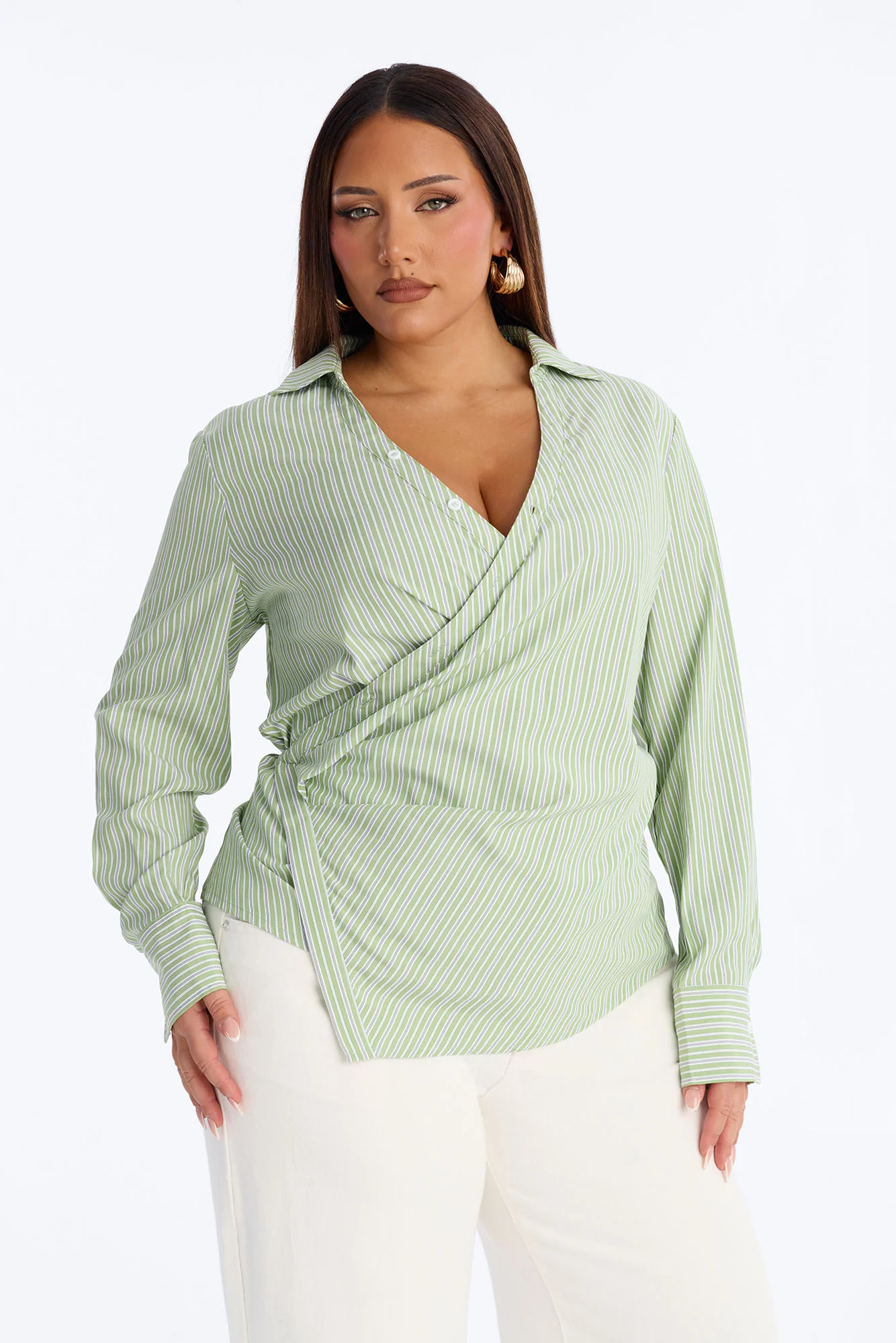 Savanna Wrap Over Striped Poplin Shirt - Green/combo - Image 5