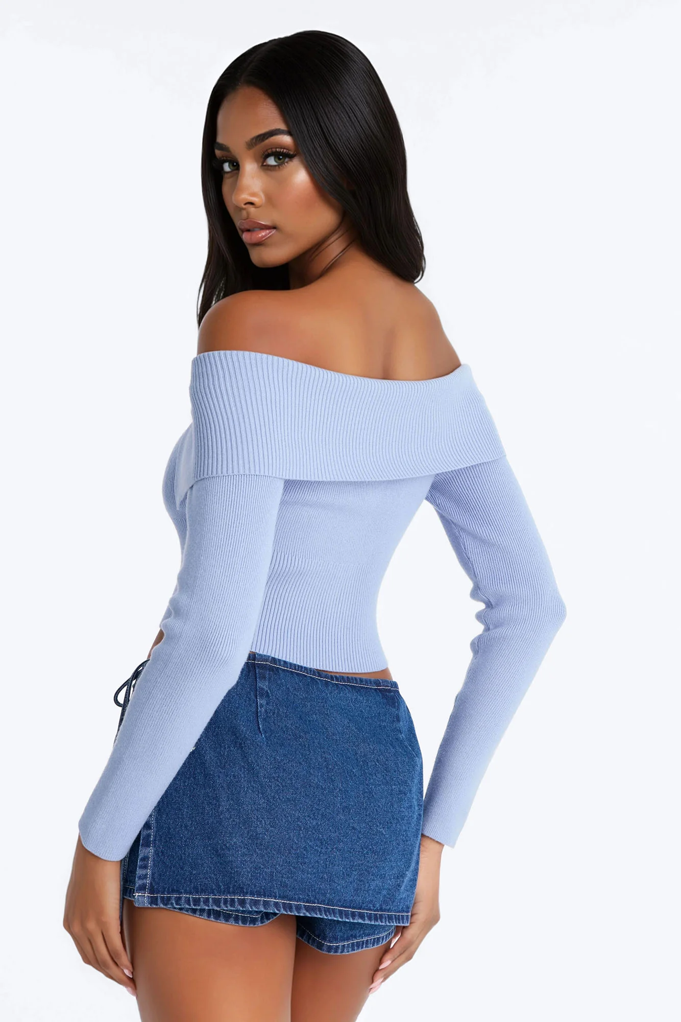 Say My Name Off Shoulder Sweater - Dusty Blue - Image 4