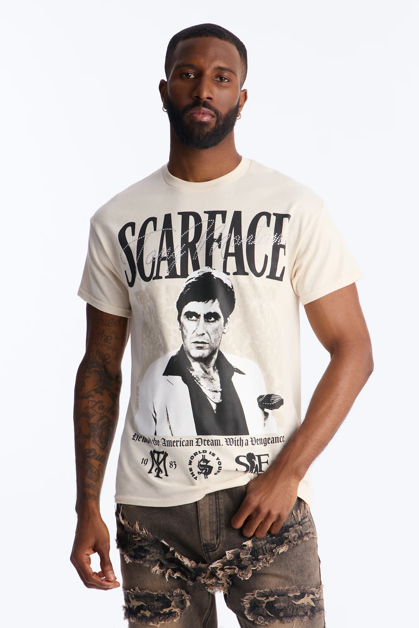 Scarface The American Dream Rhinestone Short Sleeve Tee - Cream