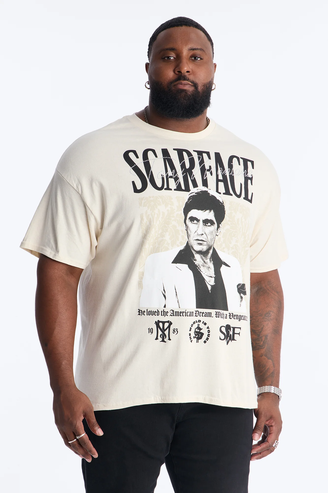 Scarface The American Dream Rhinestone Short Sleeve Tee - Cream - Image 4