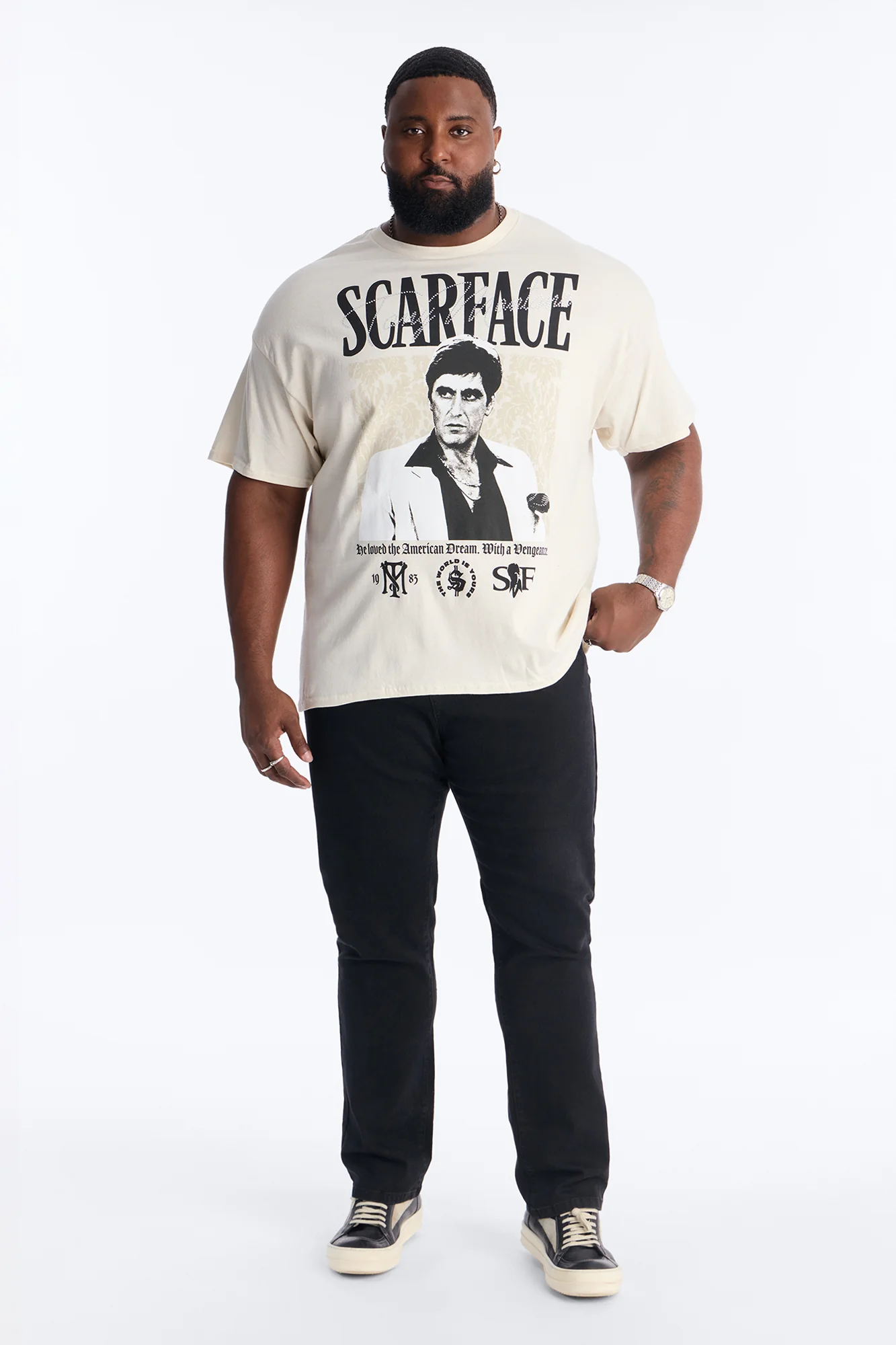 Scarface The American Dream Rhinestone Short Sleeve Tee - Cream - Image 5