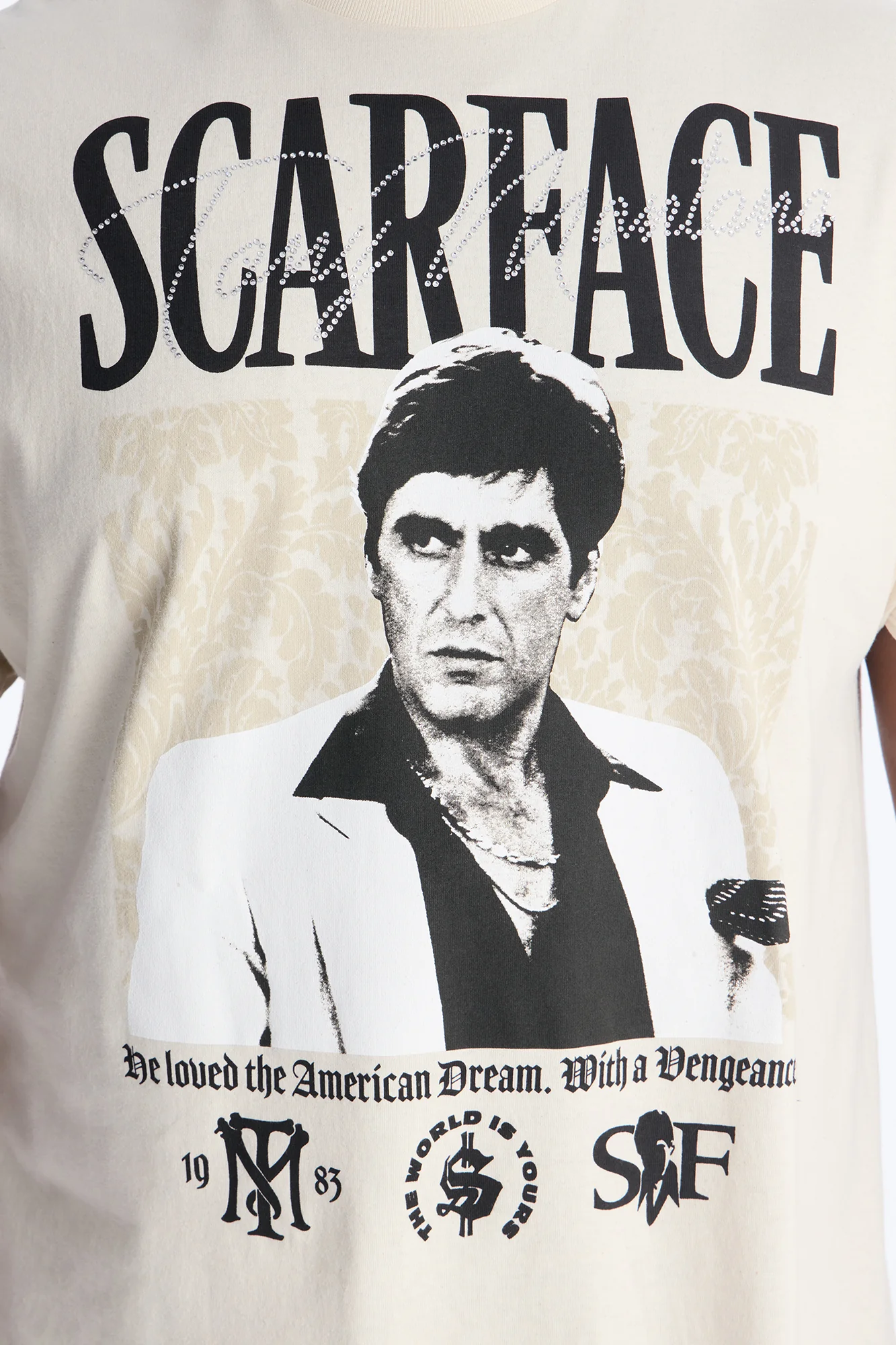 Scarface The American Dream Rhinestone Short Sleeve Tee - Cream - Image 6
