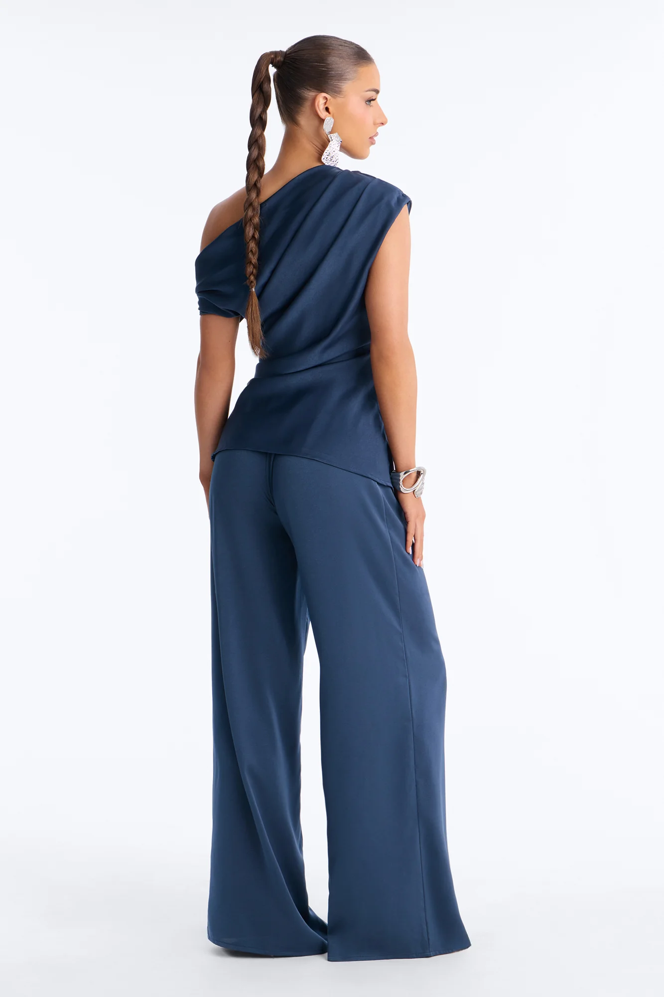 Scarlett Satin Off Shoulder Pant Set - Blue - Image 3