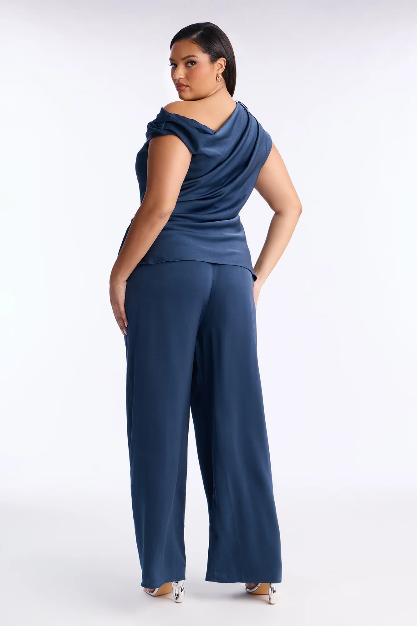 Scarlett Satin Off Shoulder Pant Set - Blue - Image 7