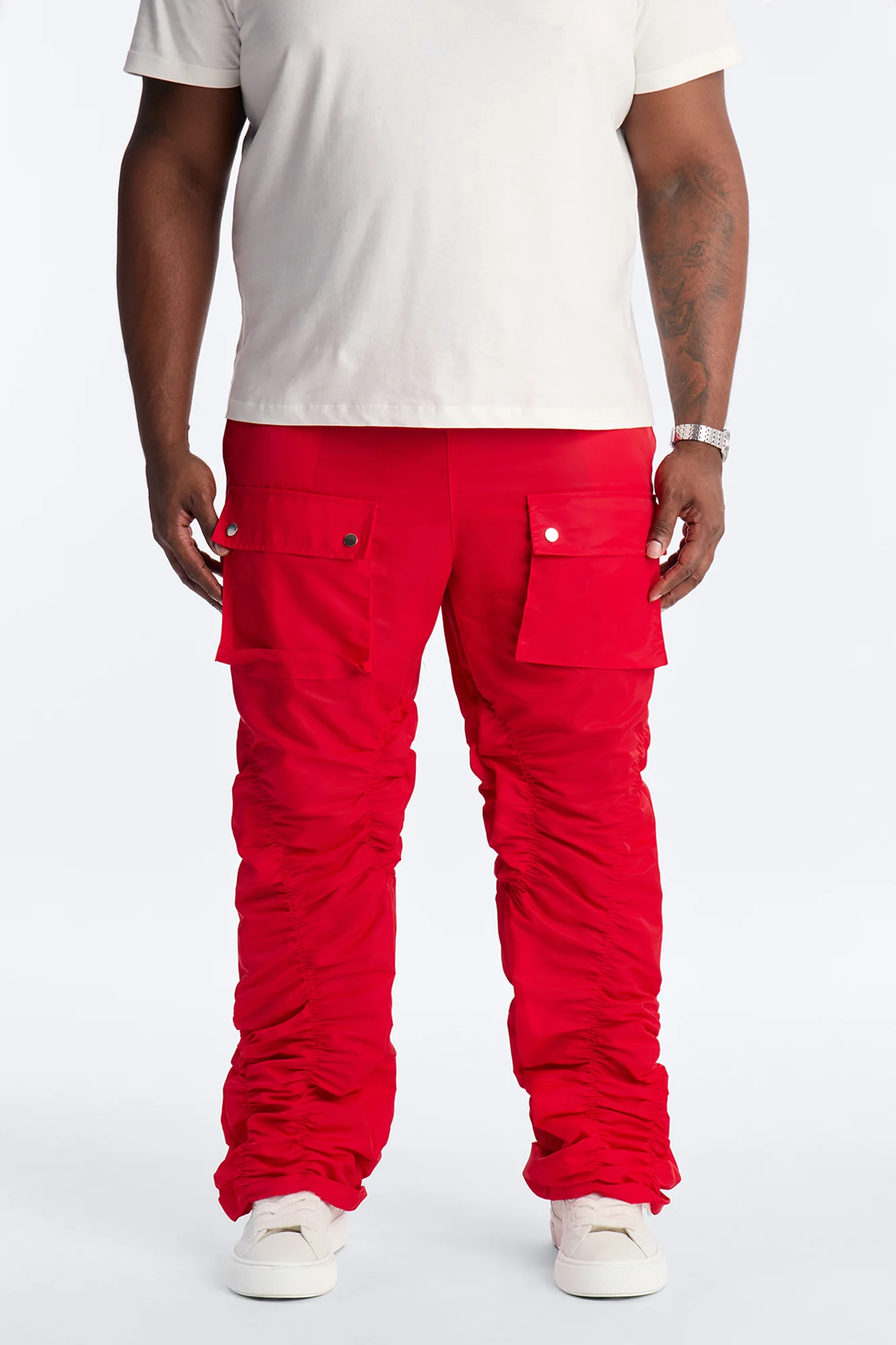 Scrunched Flared Nylon Cargo Pants - Red