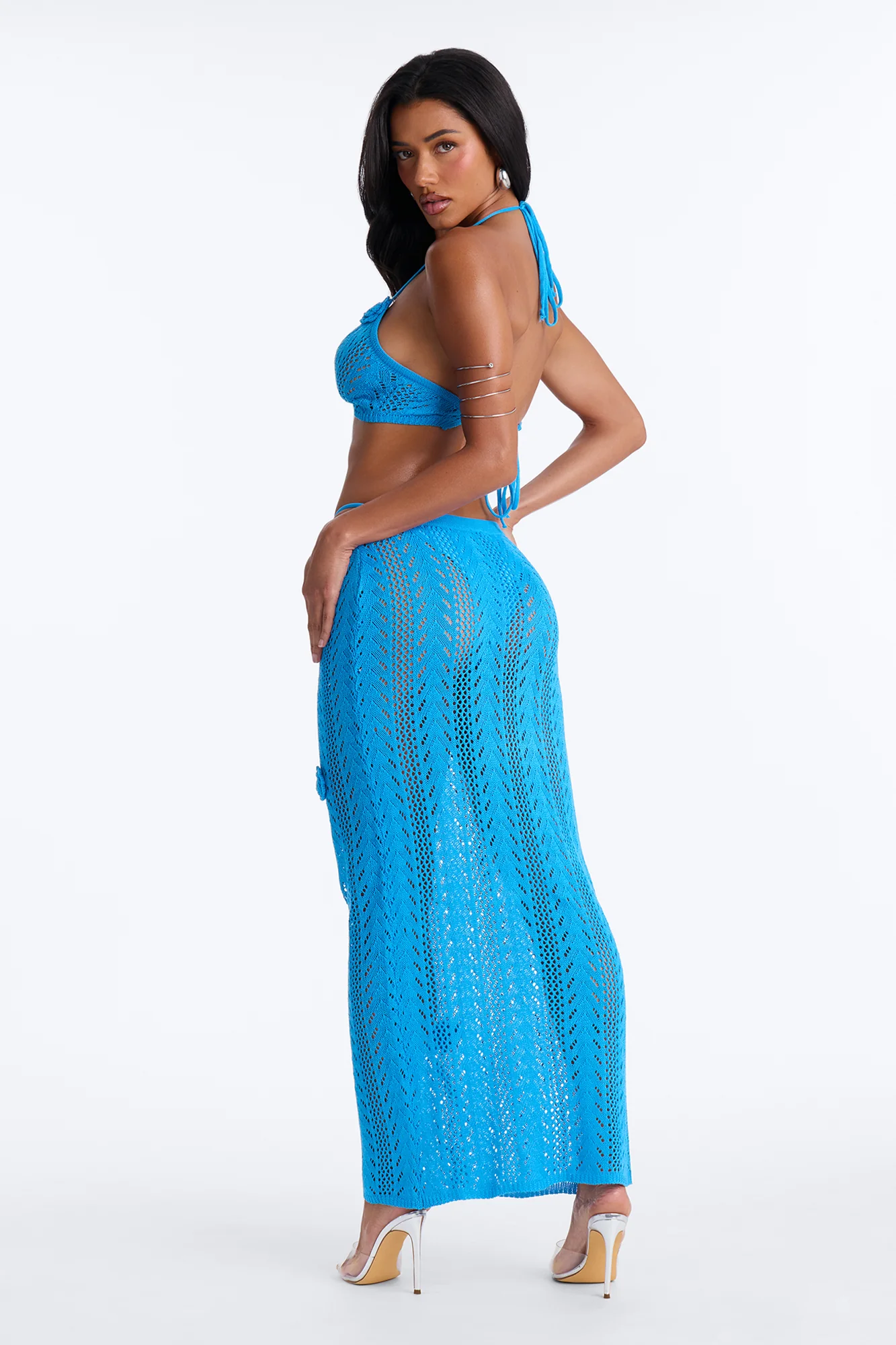 Seas The Bloom 3 Piece Floral Swim Crochet Cover Up Skirt Set - Blue - Image 4