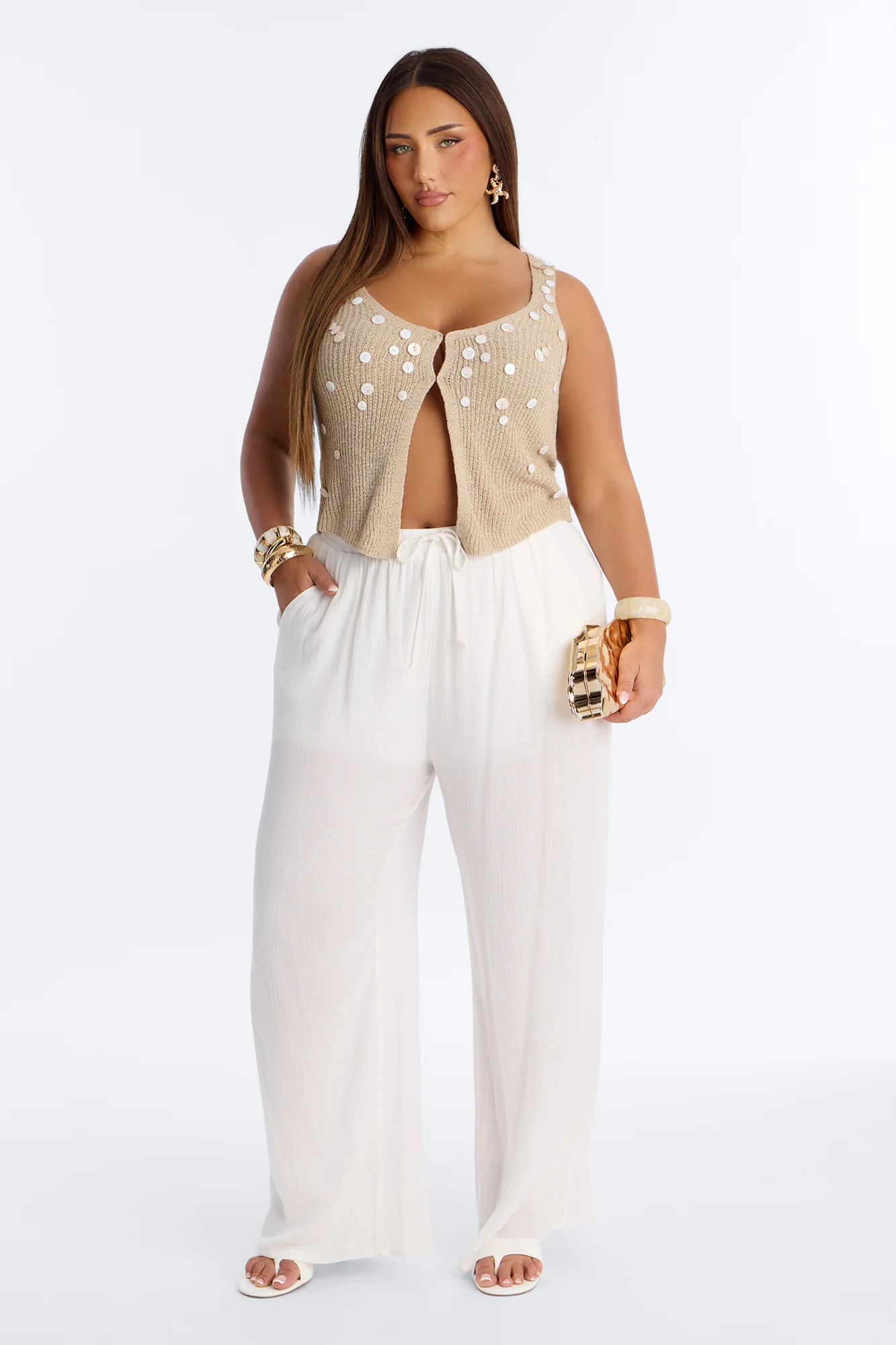 Seashell Kisses Sweater Flyaway Top - Beige - Image 5