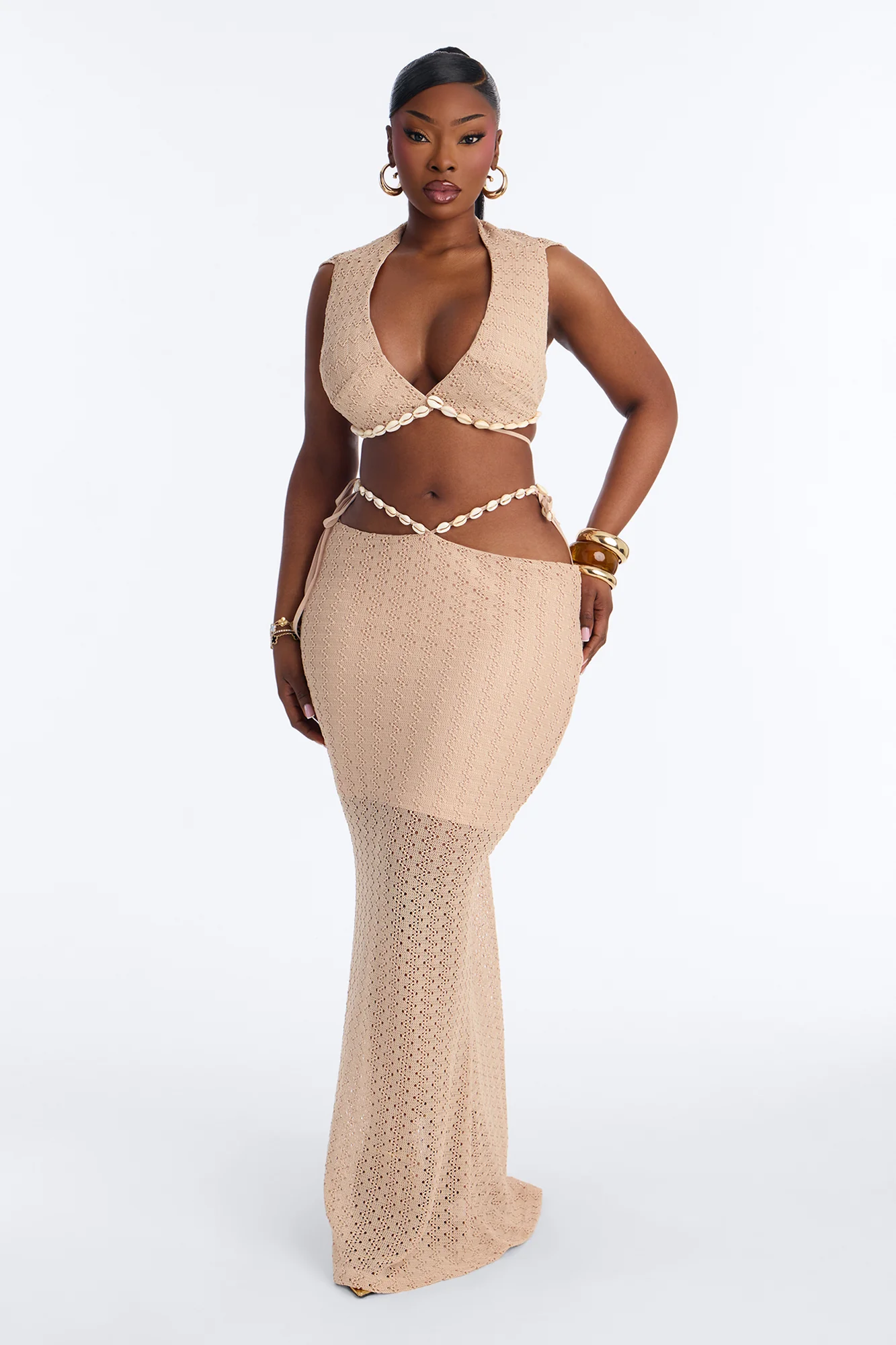 Seaside Bombshell Crochet Skirt Set - Taupe
