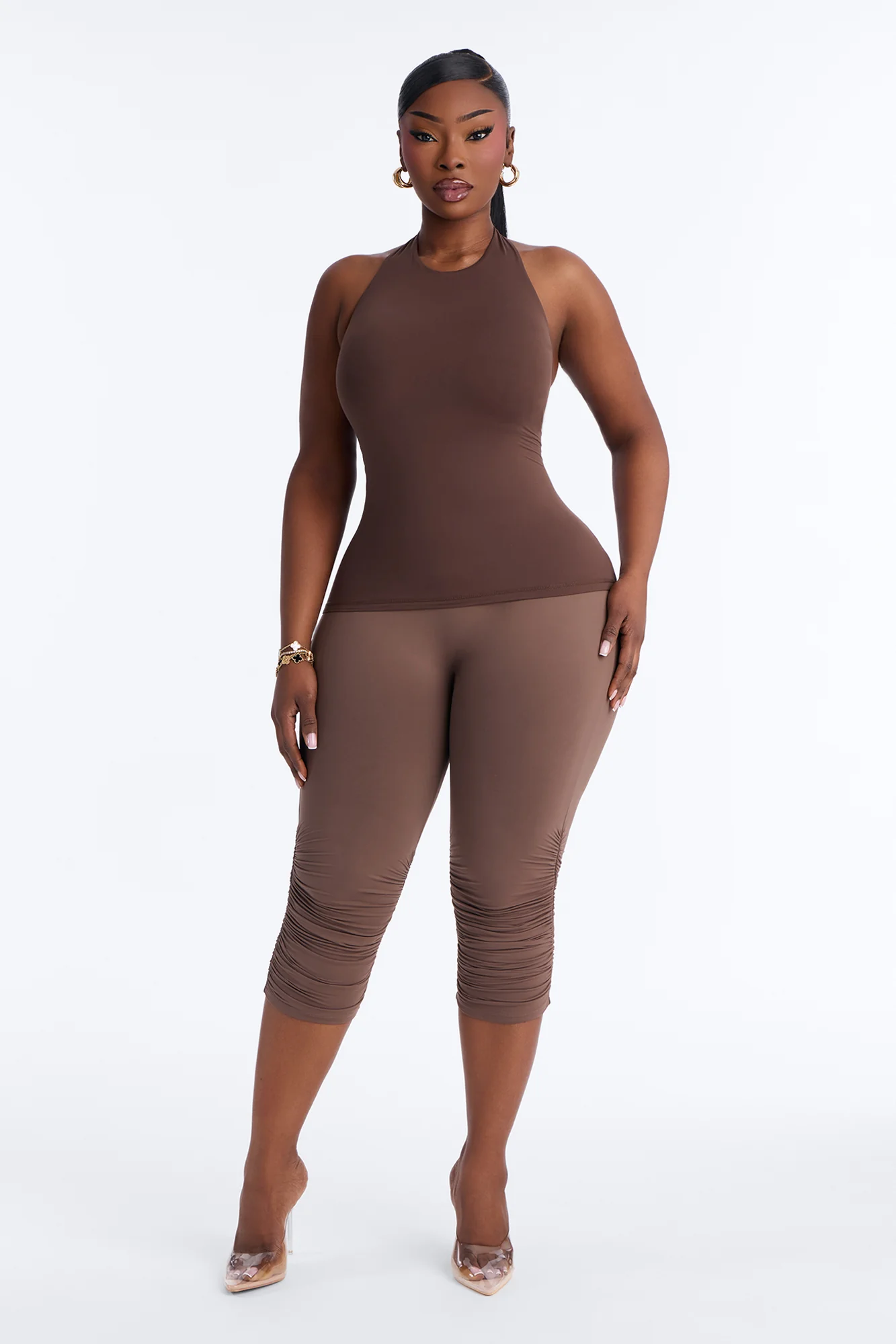 Second Skin Bra Pad Sleeveless Halter Top - Brown - Image 6