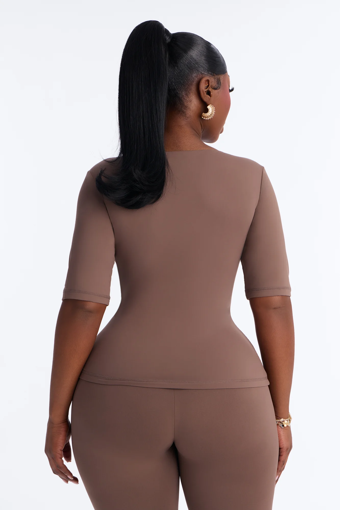 Second Skin Deep U Neck Elbow Sleeve Top - Brown - Image 8