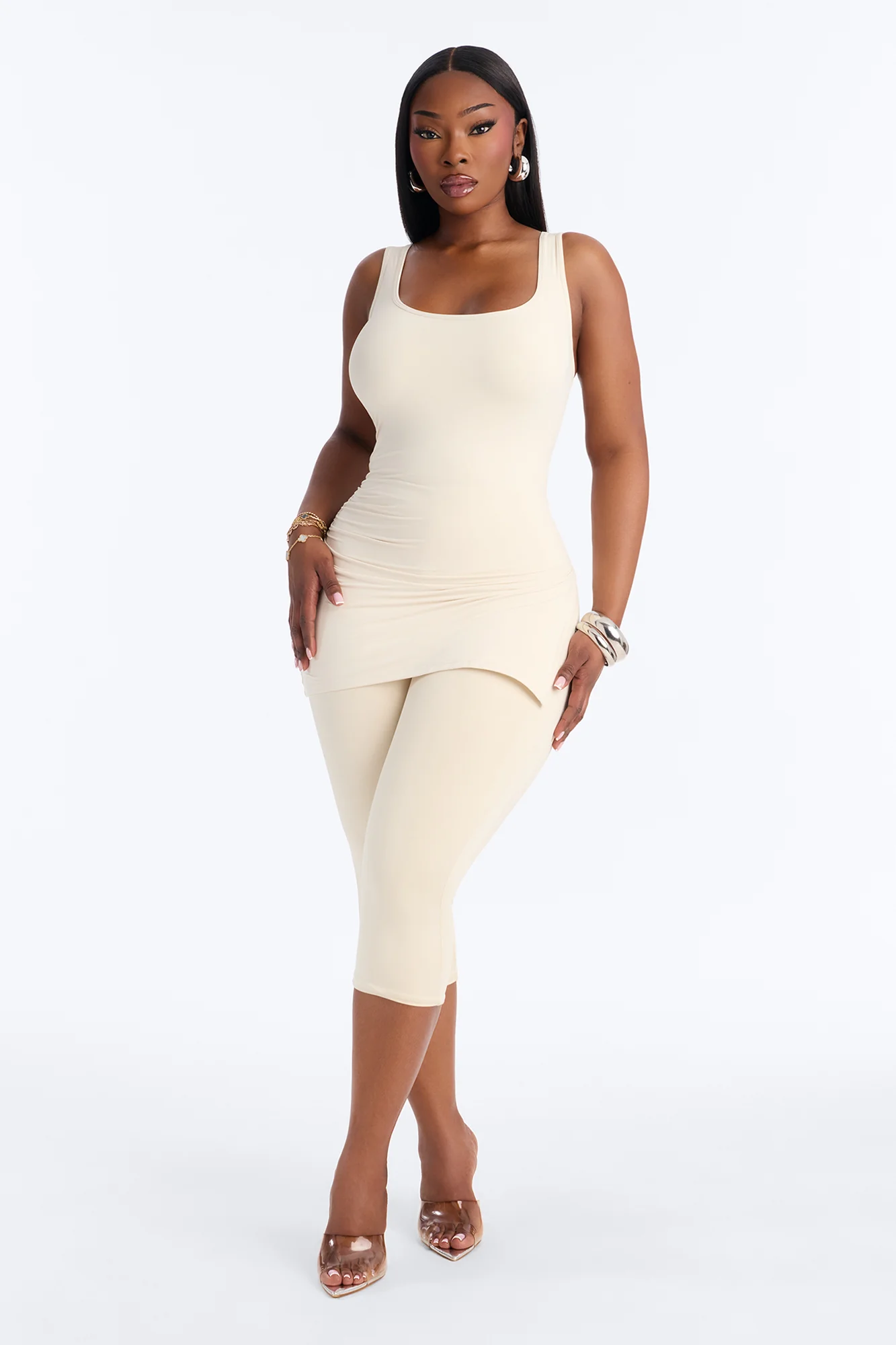 Second Skin Double Line Asymmetrical Ruched Tank Top - Bone - Image 6
