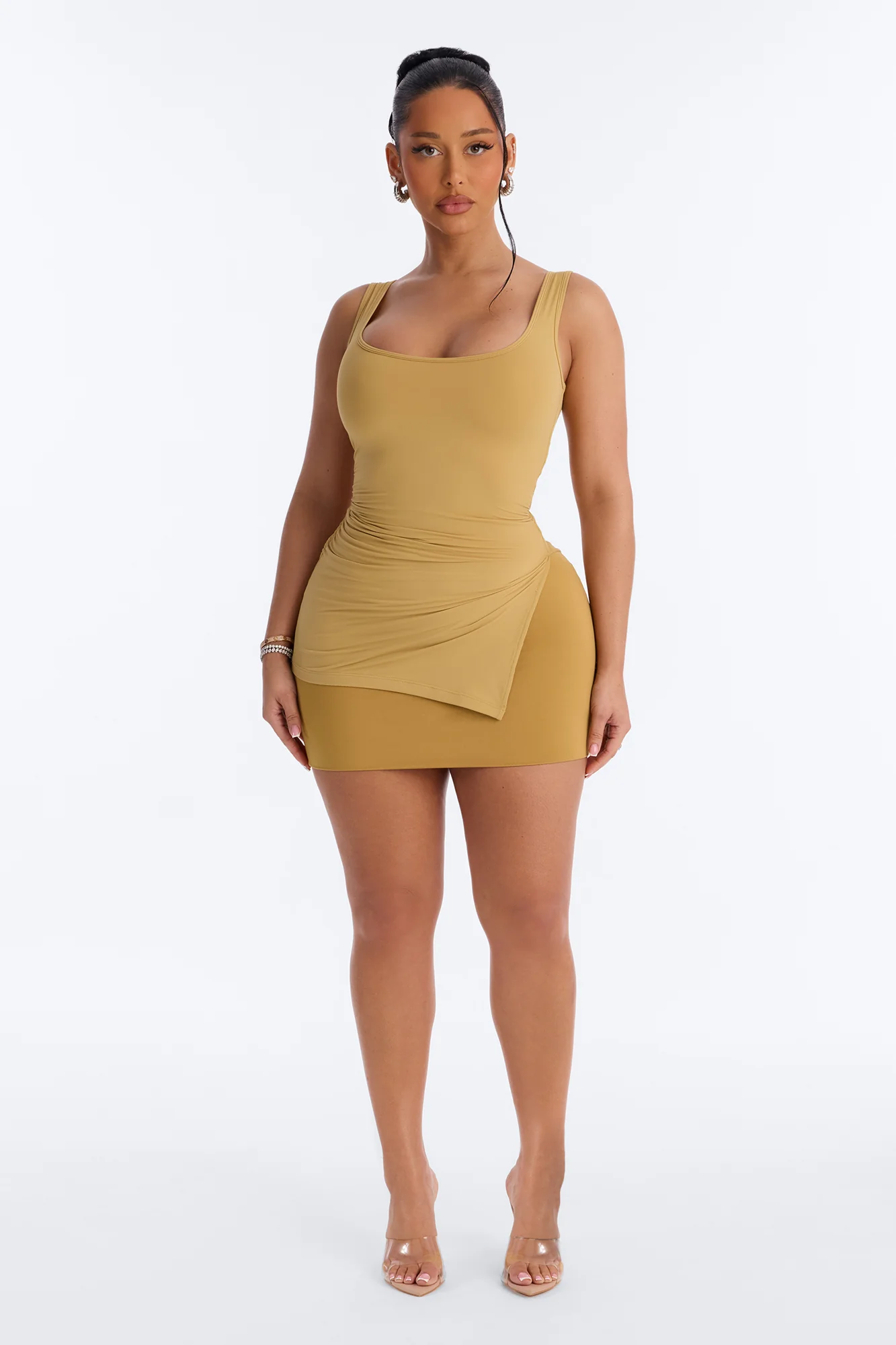 Second Skin Double Line Asymmetrical Ruched Tank Top - Honey - Image 2