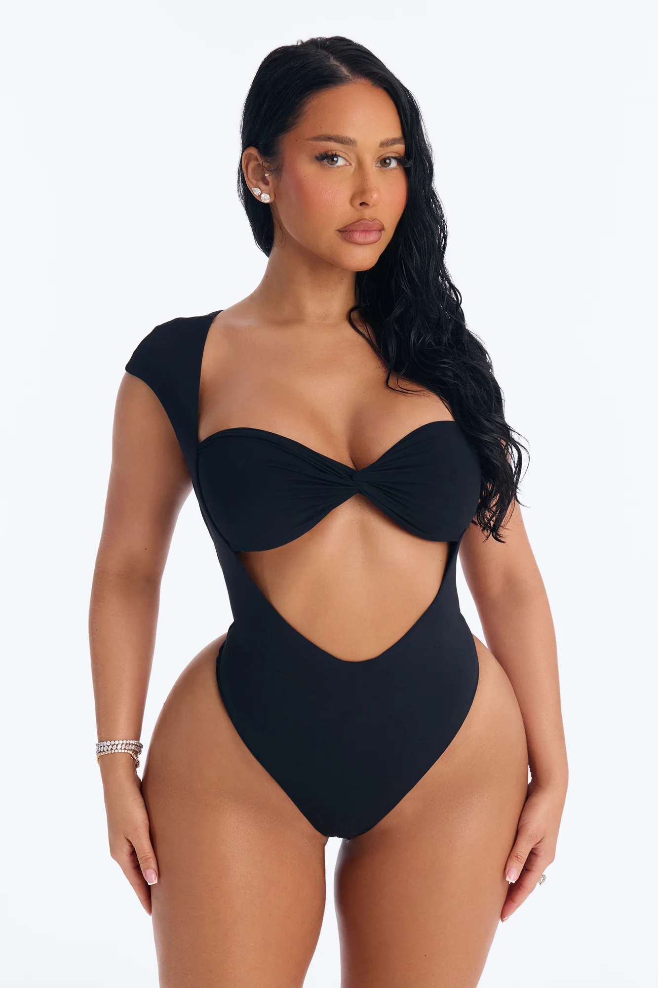 Second Skin Double Lined Cut Out Cap Sleeve Bodysuit - Black