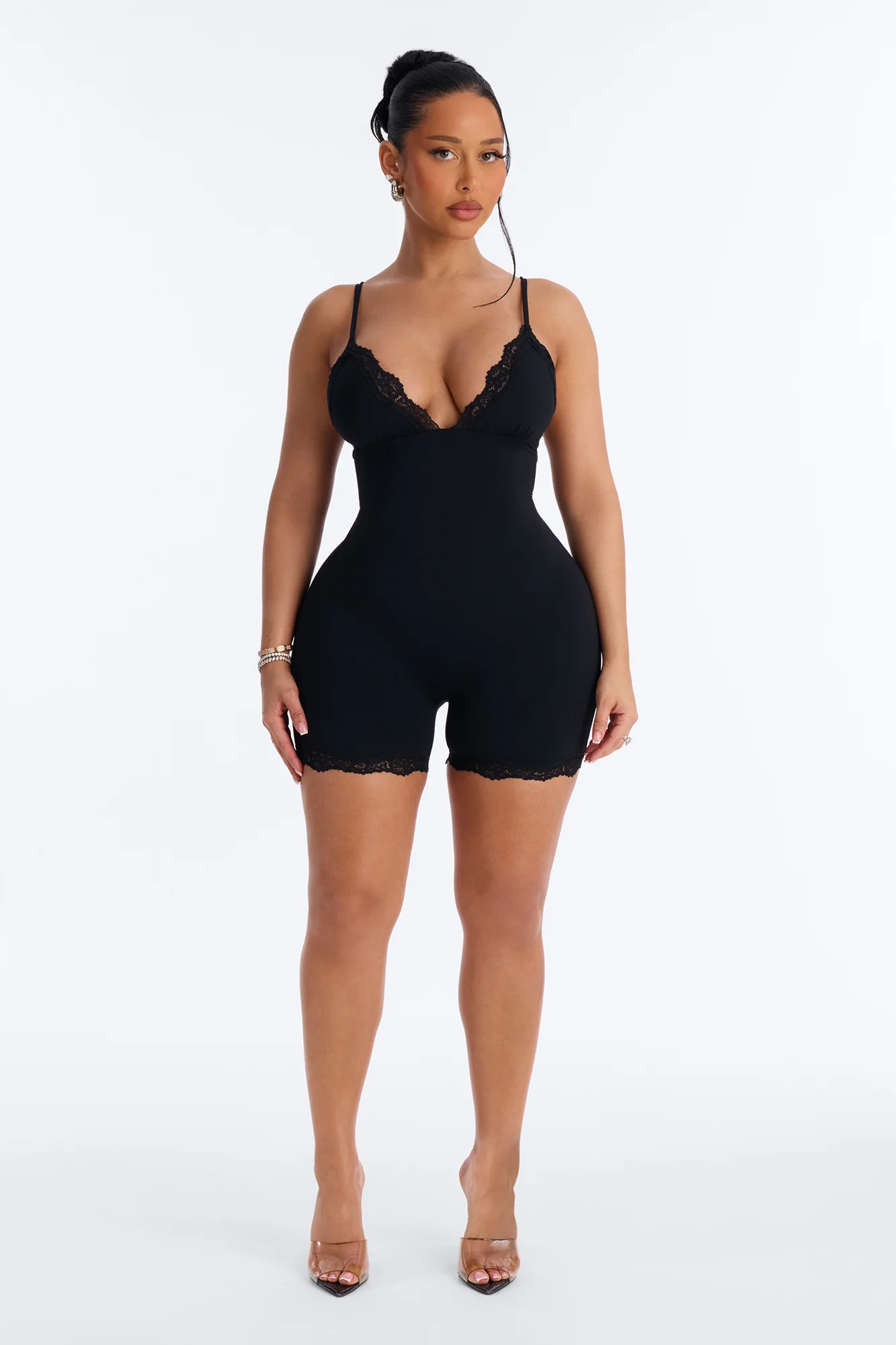 Second Skin Double Lined Lace Trim Tank Romper - Black