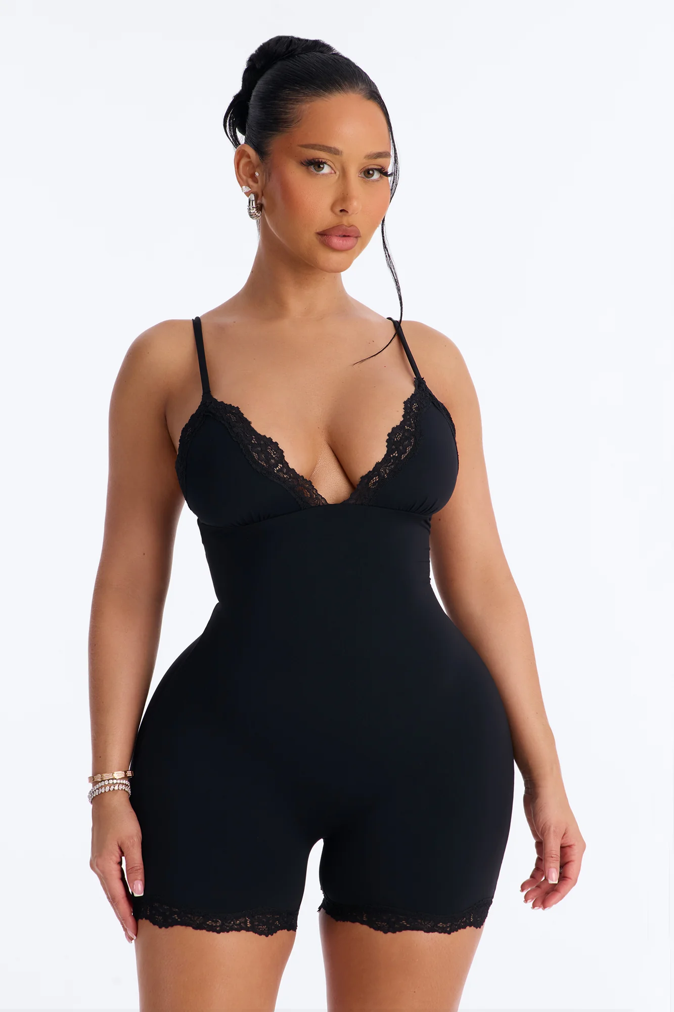 Second Skin Double Lined Lace Trim Tank Romper - Black - Image 2