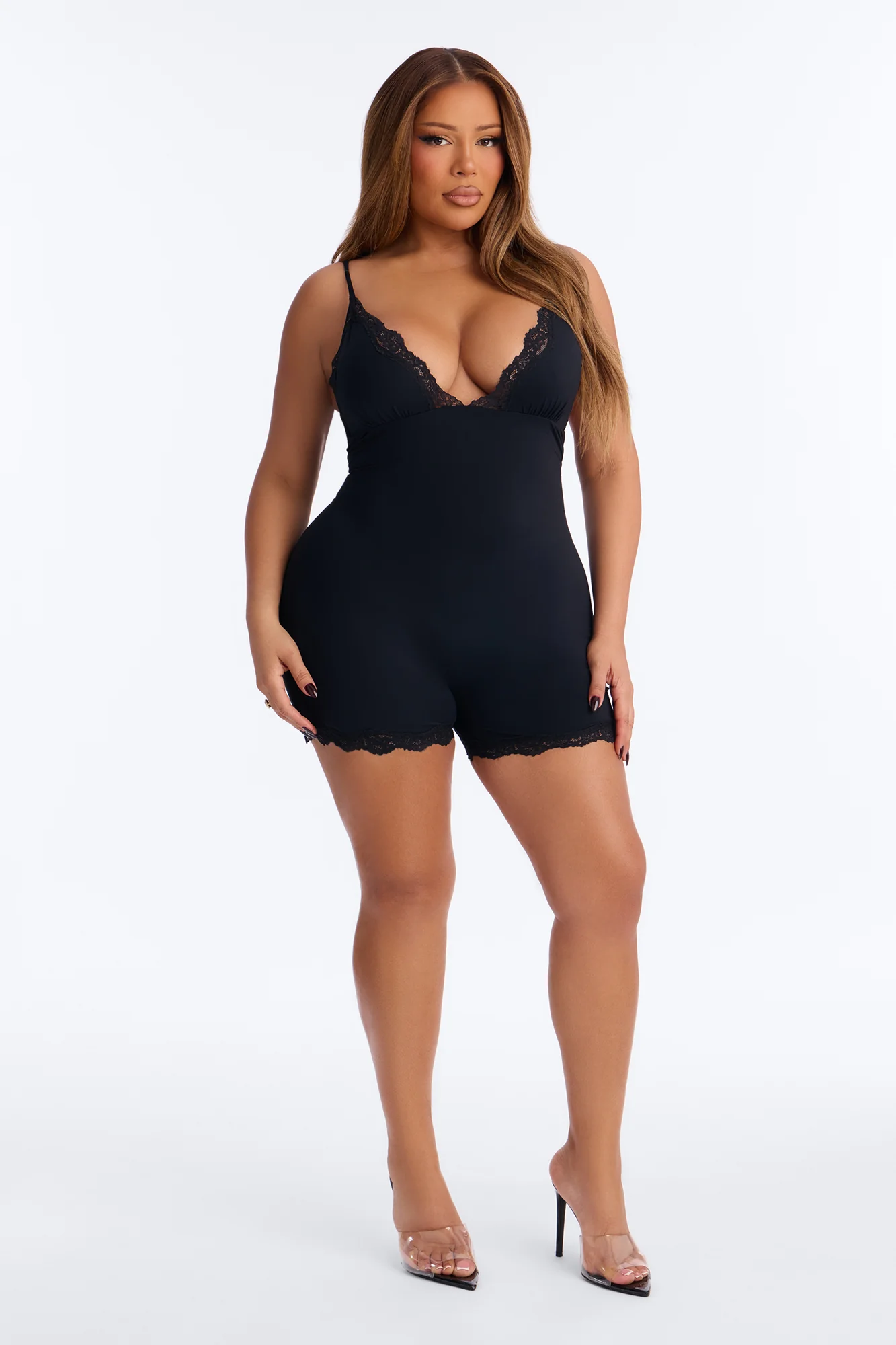 Second Skin Double Lined Lace Trim Tank Romper - Black - Image 5